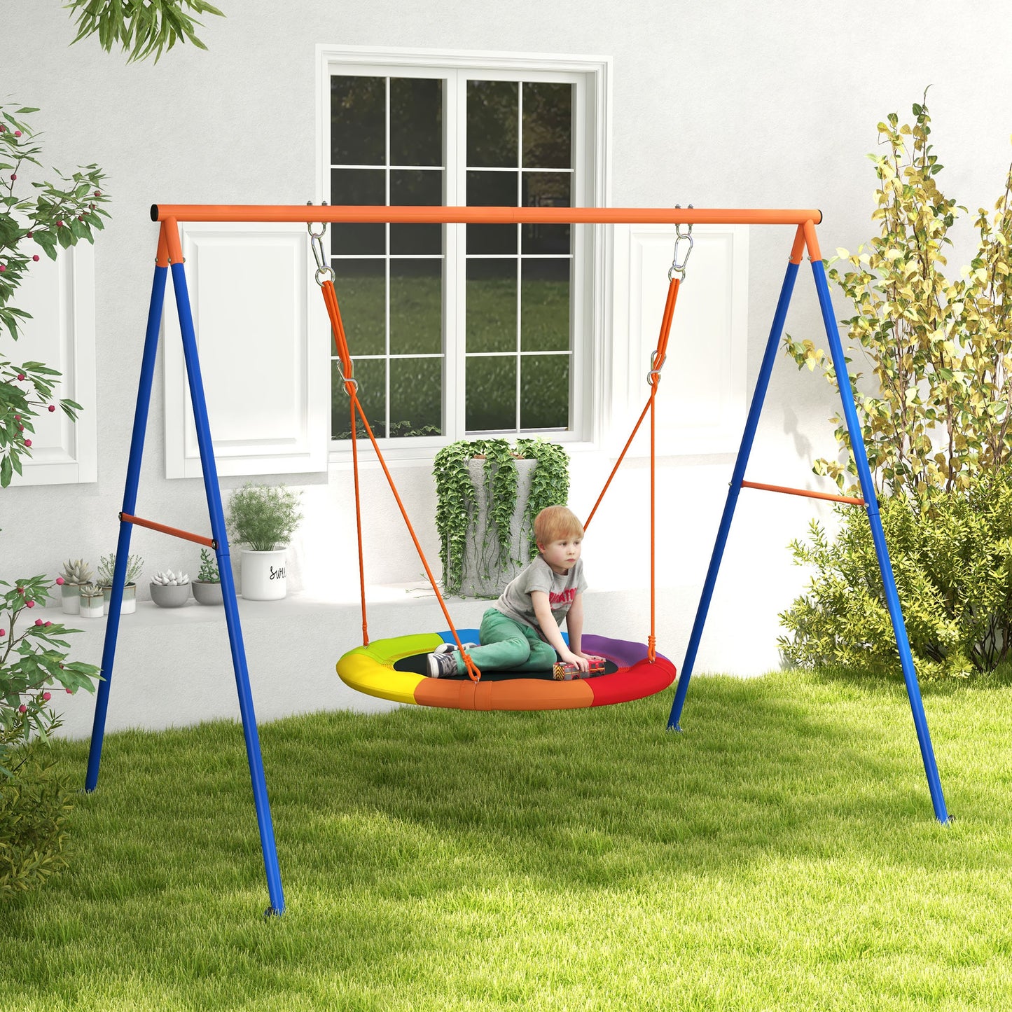 Metal Kids Swing Set Nest Swing Seat with A-Frame Structure