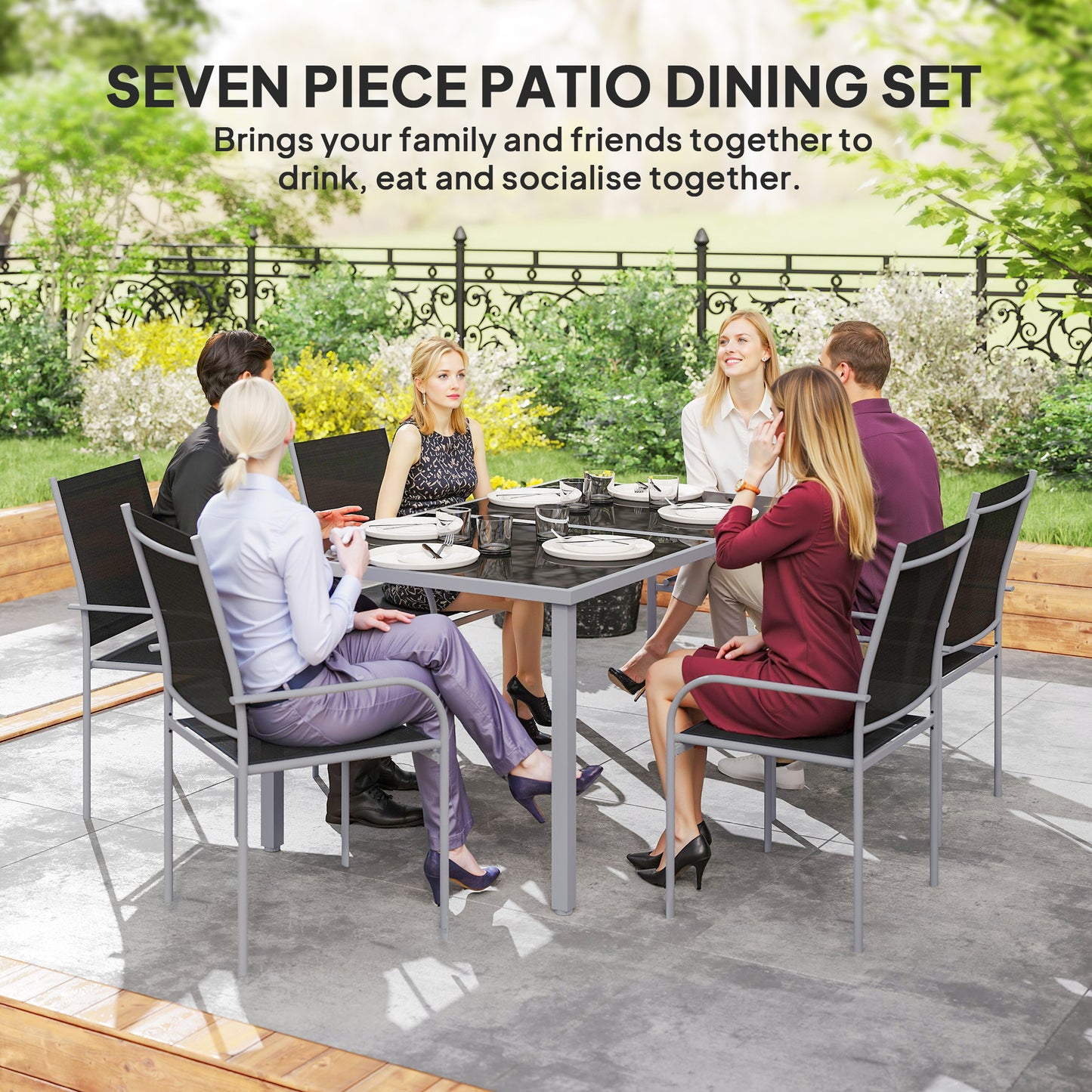 7 Piece Outdoor Garden Dining Set with Table and 6 Stackable Chairs