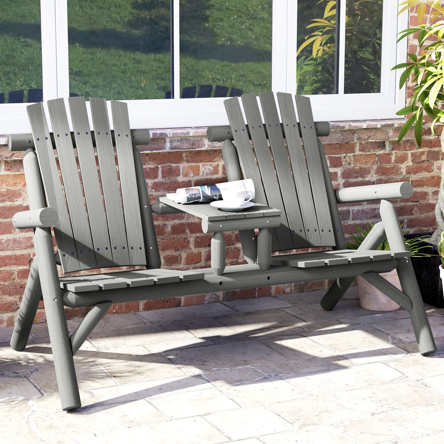 Wood Patio Chair Bench 2 Seats w/ Centre Coffee Table, Garden Bench
