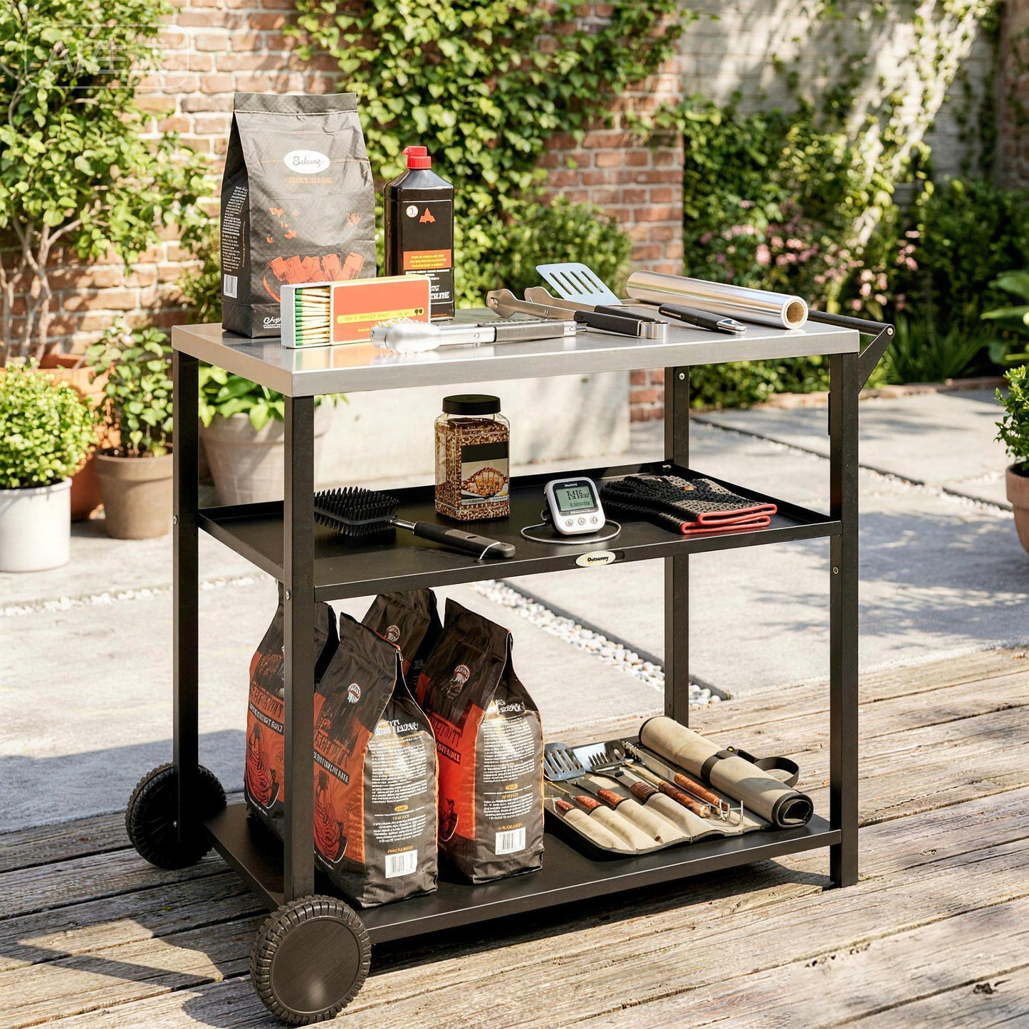 Outdoor Grill Cart with Stainless Steel Tabletop for Kitchen Prep