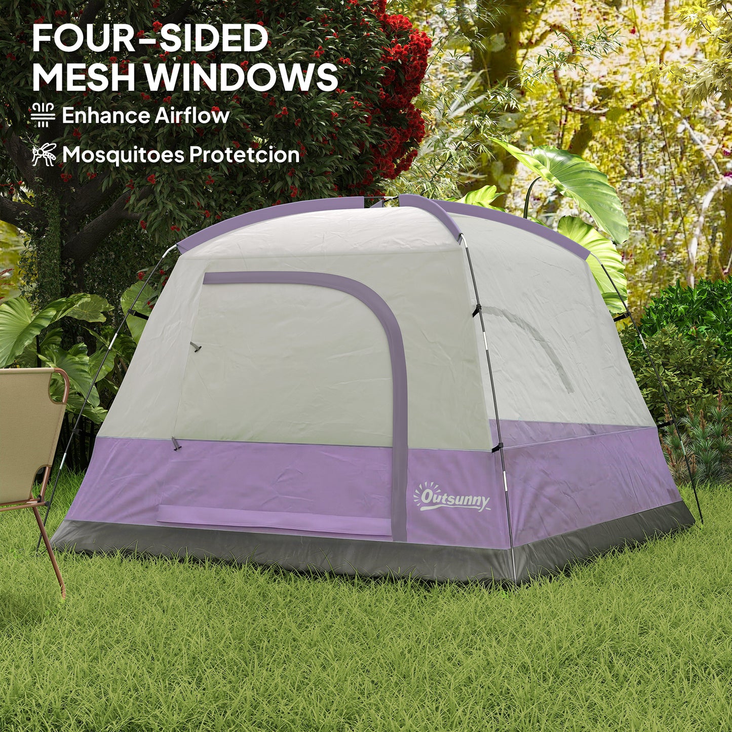 3-4 Person Camping Tent, Easy Set Up 3-4 Man Tent w/ Sewn-in