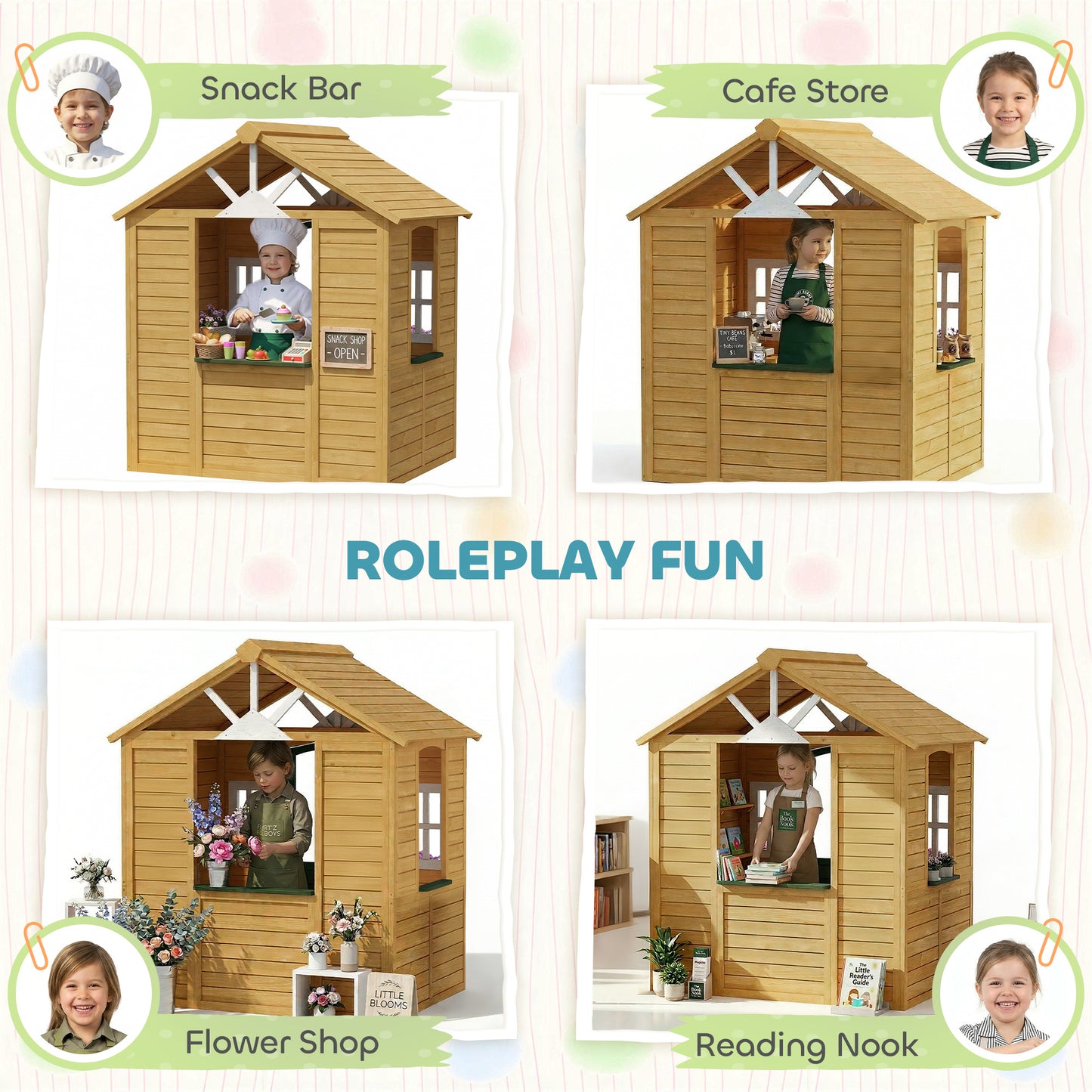 Outdoor Kids Playhouse, Wooden Wendy House with Door, 3 Windows