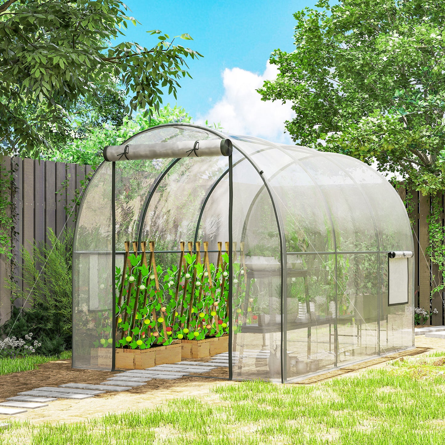 Polytunnel Greenhouse Walk-in Grow House with Plasric Cover, Door