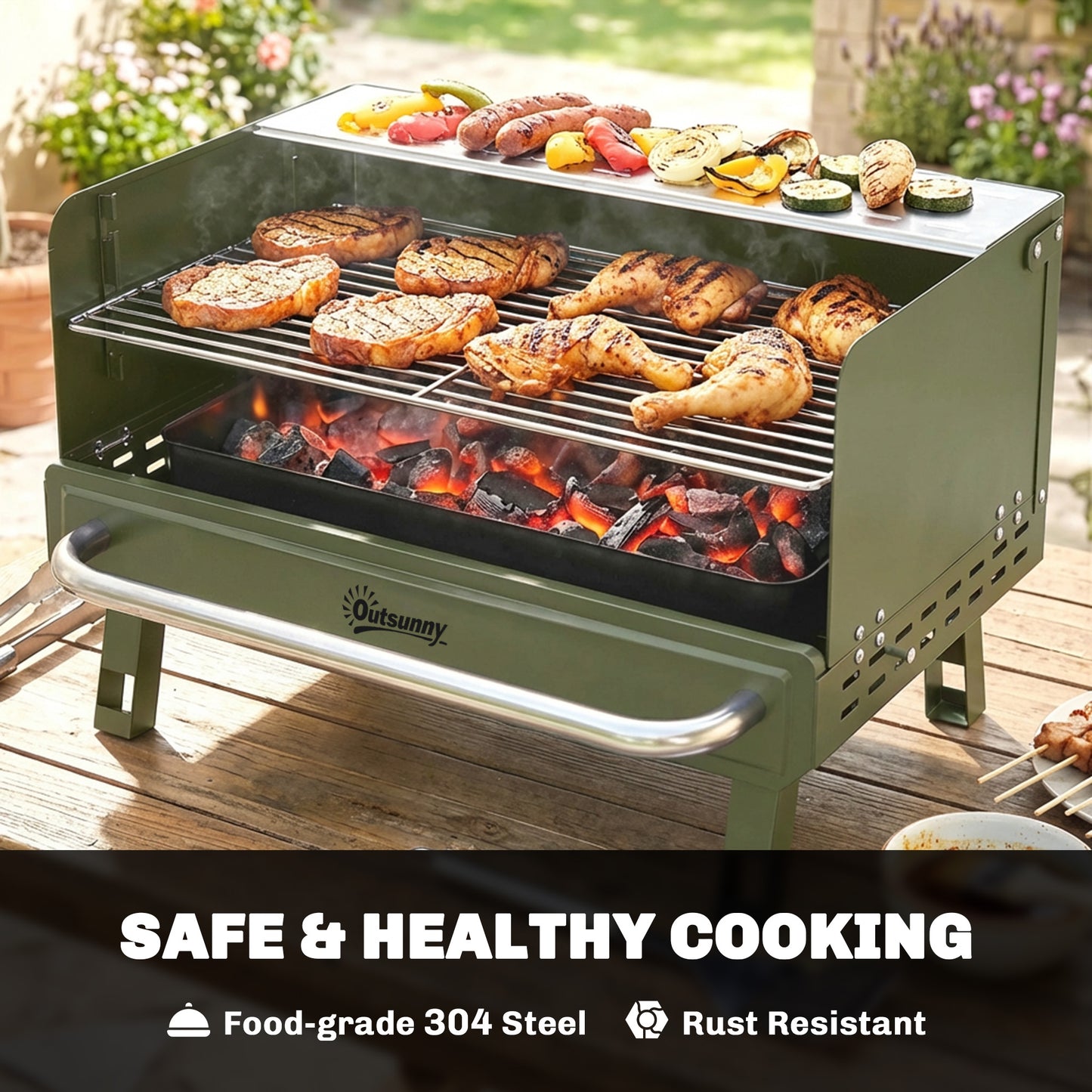 Portable BBQ Grill, Charcoal Barbecue Grill with Adjustable Grates