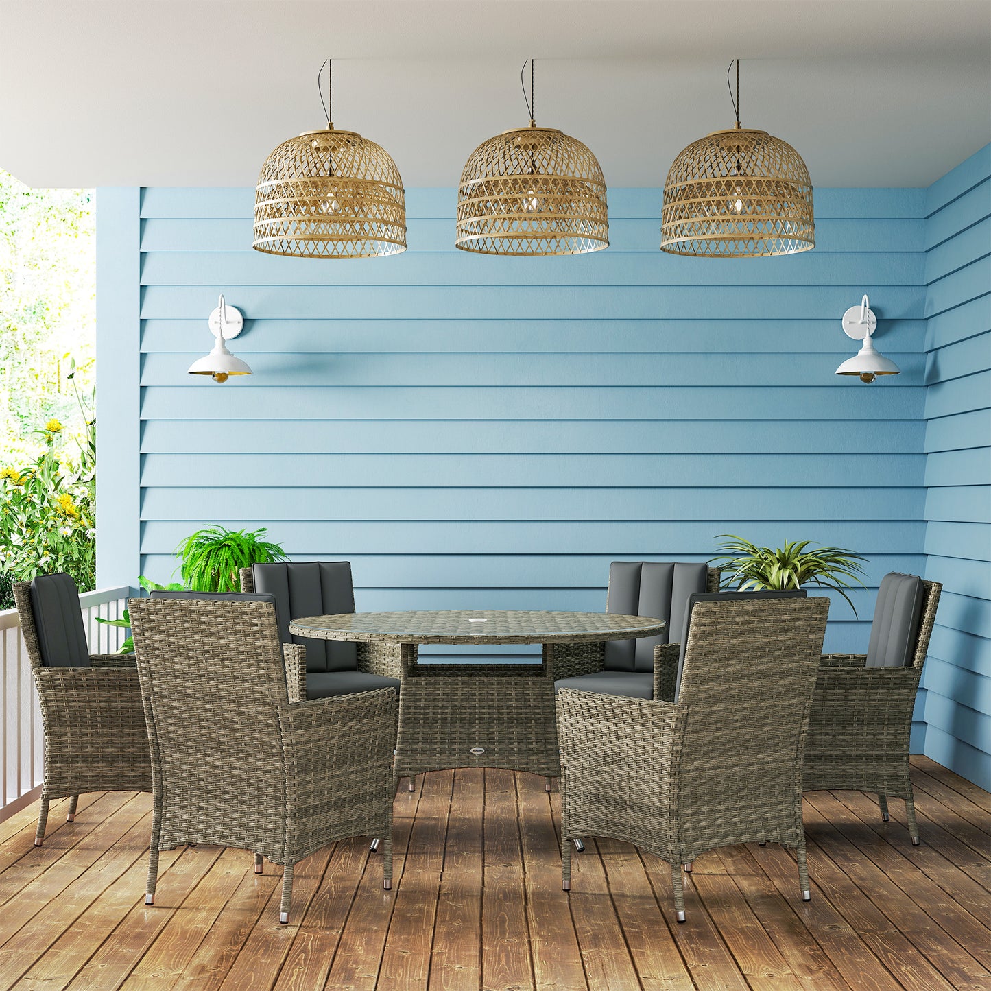 Seven-Piece Rattan Dining Table, with Round Glass-Top Table