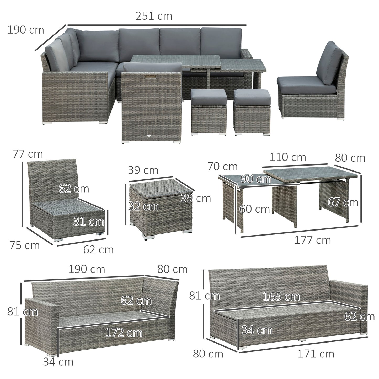 Seven-Piece Rattan Garden Sofa Set, with Expanding Table