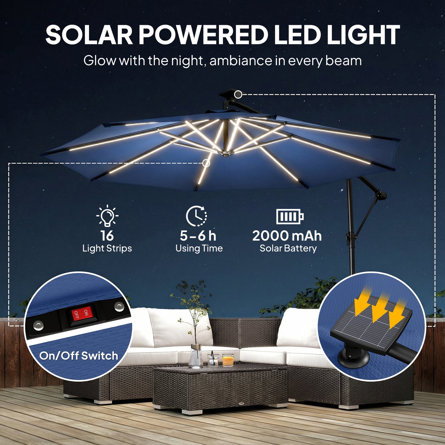 3 m Garden Cantilever Parasol with LED Solar Light