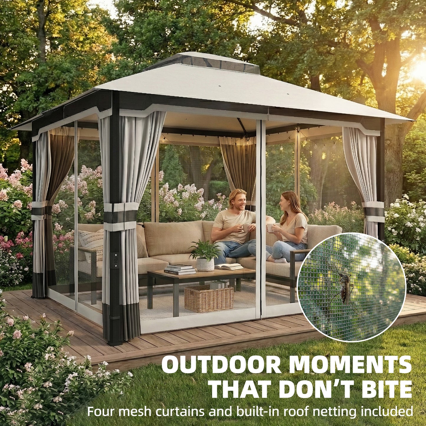 3 x 3.6 m Outdoor Garden Gazebo with Netting and Curtains