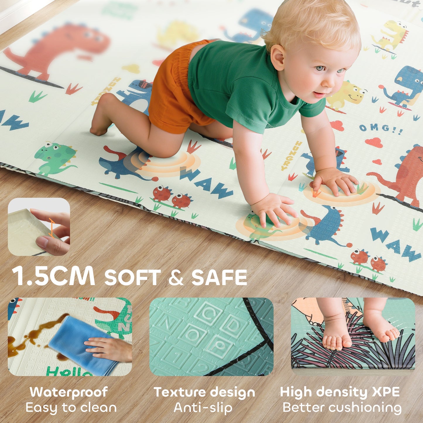 Dinosaur-Themed Baby Plat Mat Double Sided, Foldable