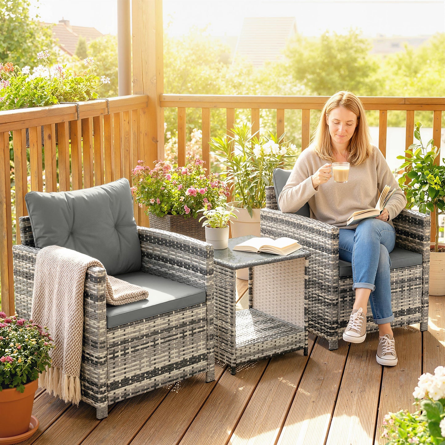 Rattan Bistro Set, 3 Piece Garden Furniture Set
