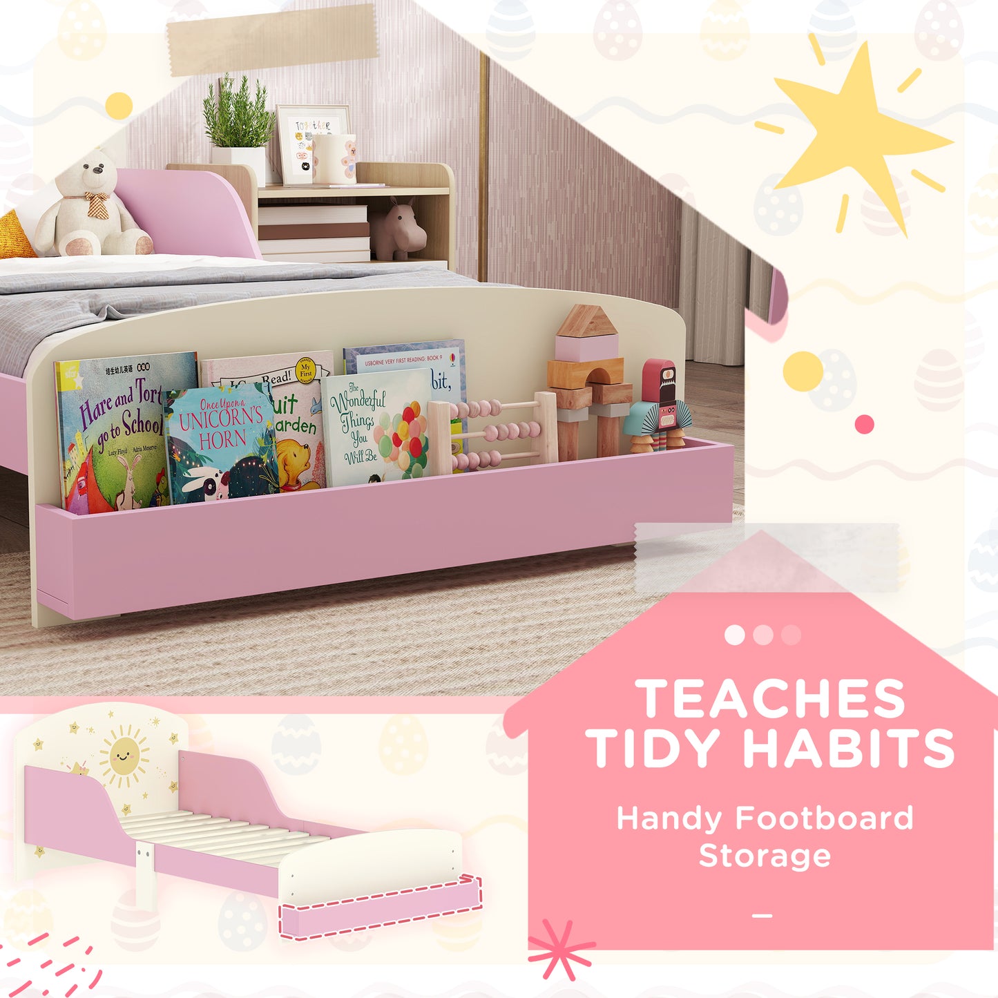 Toddler Bed with Storage, Guardrails, Sun Design, for Ages 3-8 Years