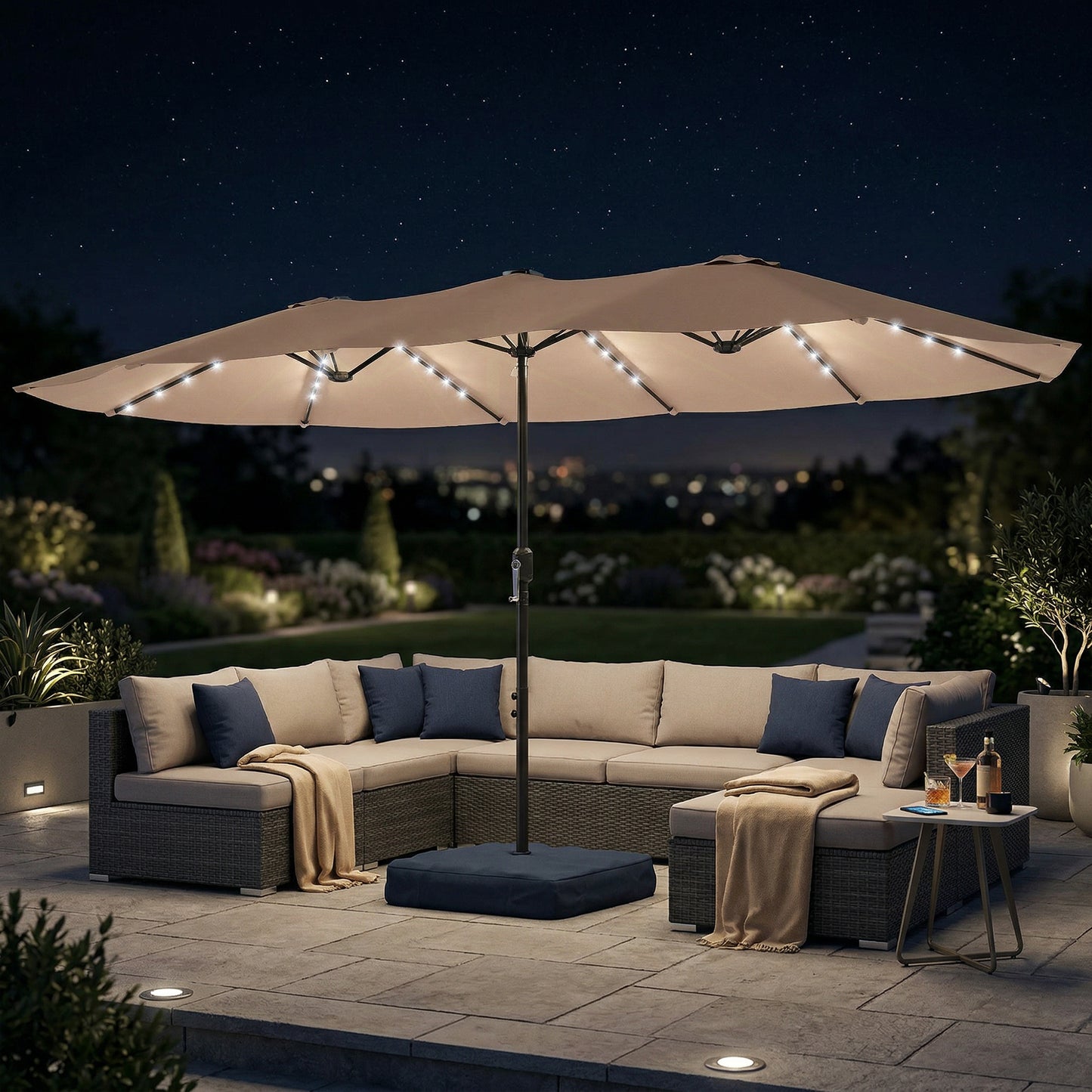 Patio Umbrella Double-Sided Outdoor Umbrella with Solar Lights Base