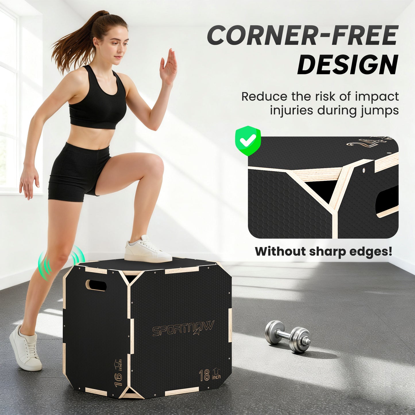 Non-Slip Plyo Box, Corner-free Wooden Jump Box, 41 x 51 x 48 cm