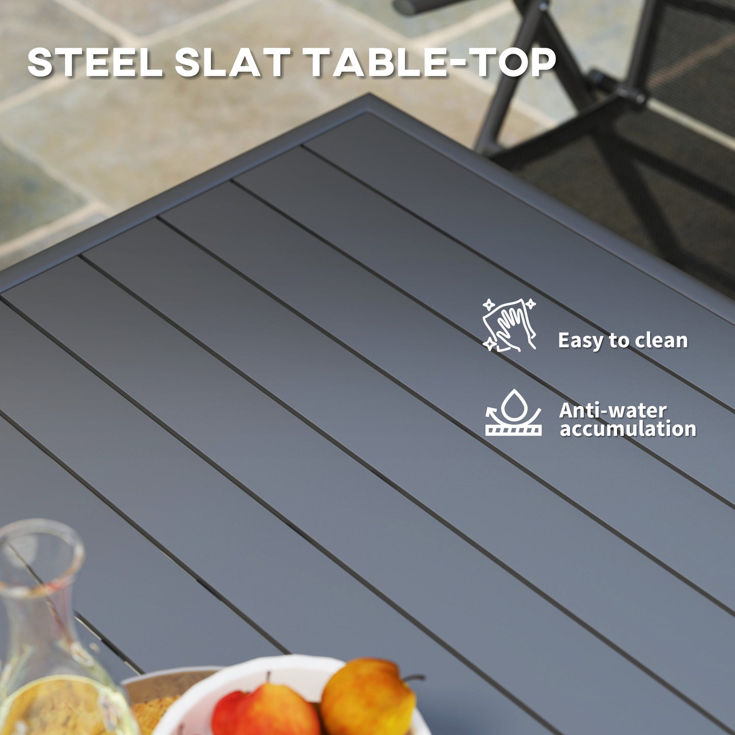 Square Garden Table with Slat Top, Steel Frame