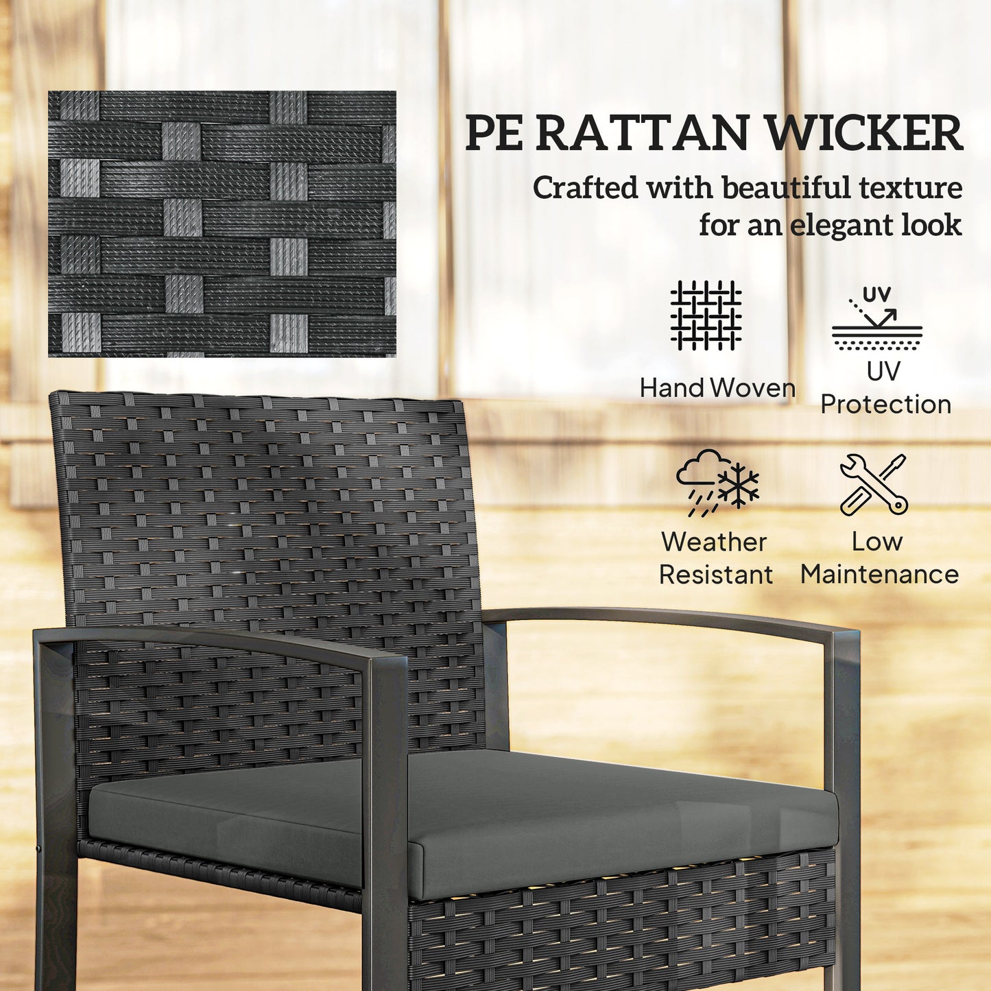 Rattan Bistro Set, 3 Piece Garden Furniture Set with Glass Top Table
