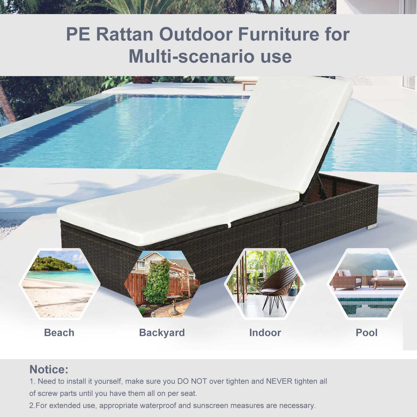 PE Rattan Sun Lounger, Five-level Adjustable Recliner Bed Chair