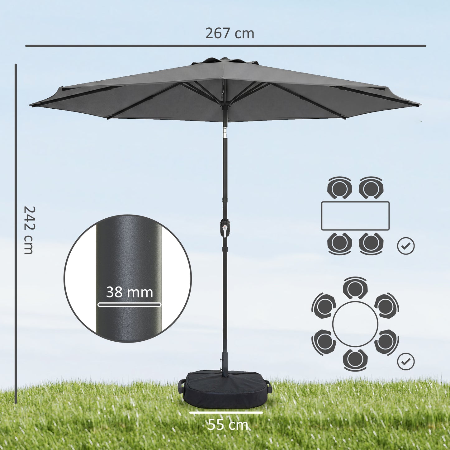 2.7 m Garden Parasol Umbrella with Cross Base and Sandbag