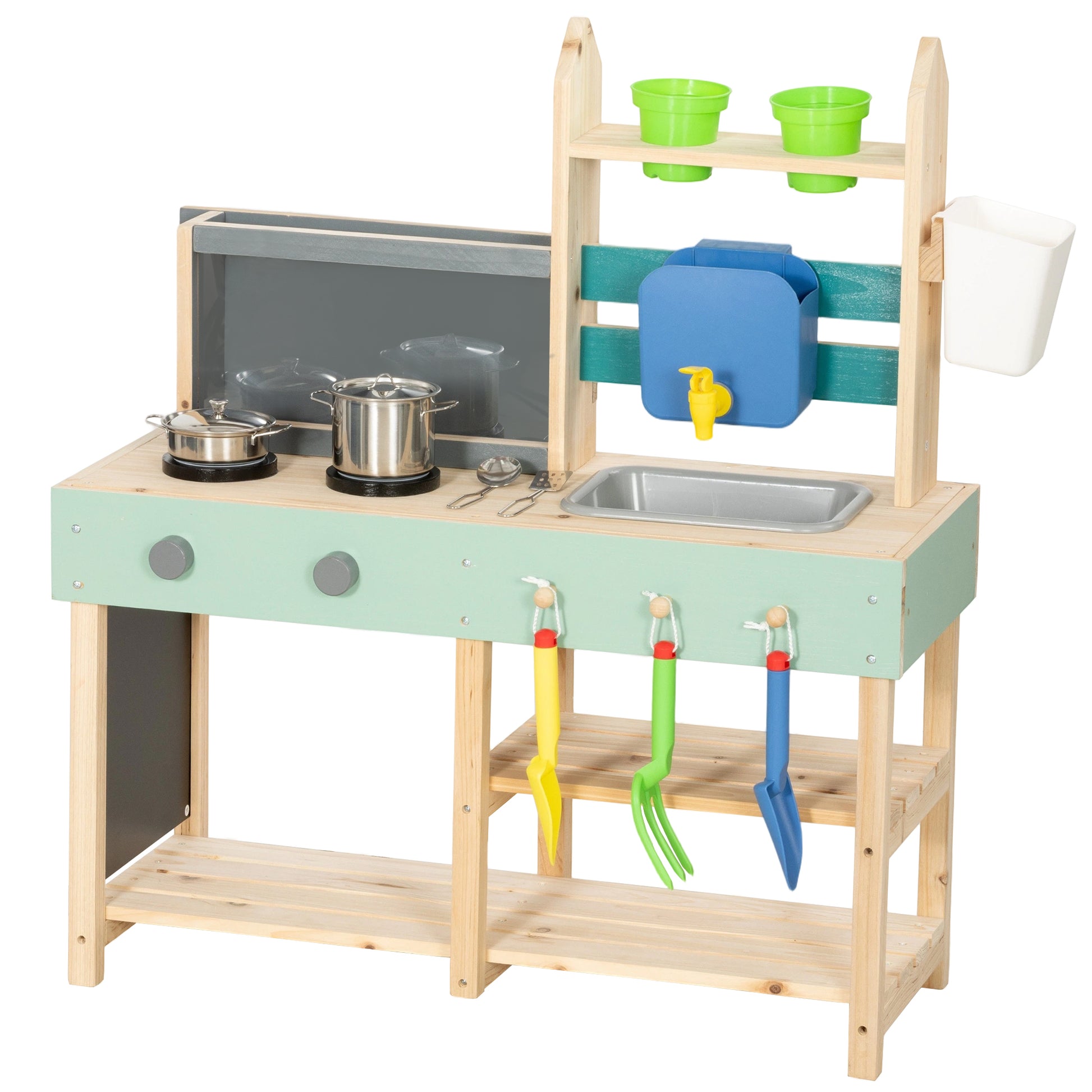 Mud Kitchen with Working Faucet, Kids Play Kitchen with Flower Pots