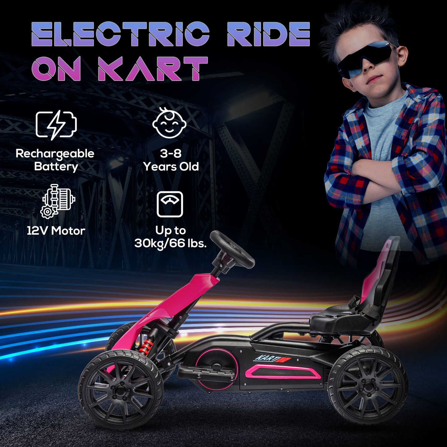 12V Electric Go-Kart for Kids, Ride-On Racing Go-Kart