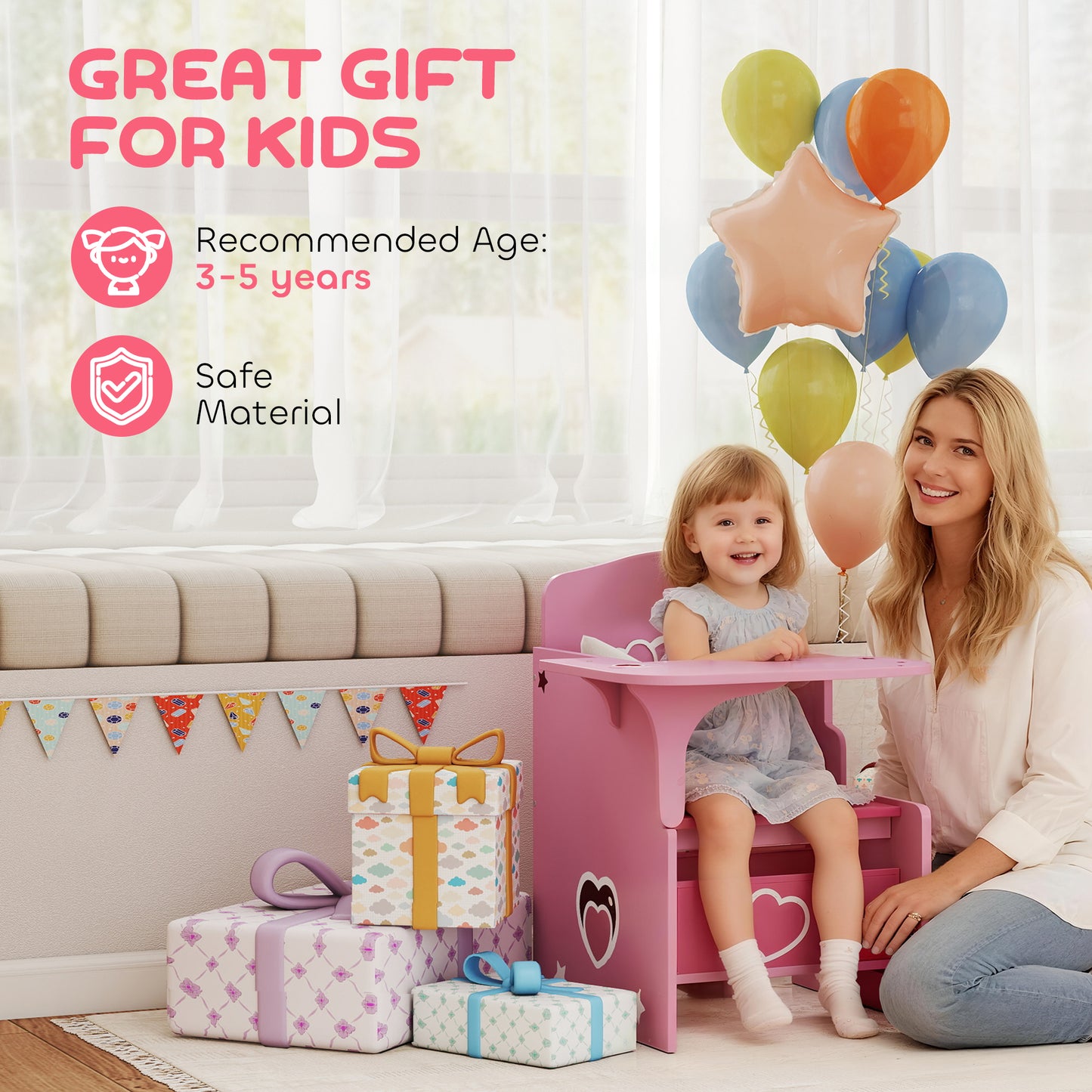 Kids Table and Chair Set, Children Desk and Chair with Storage Bins