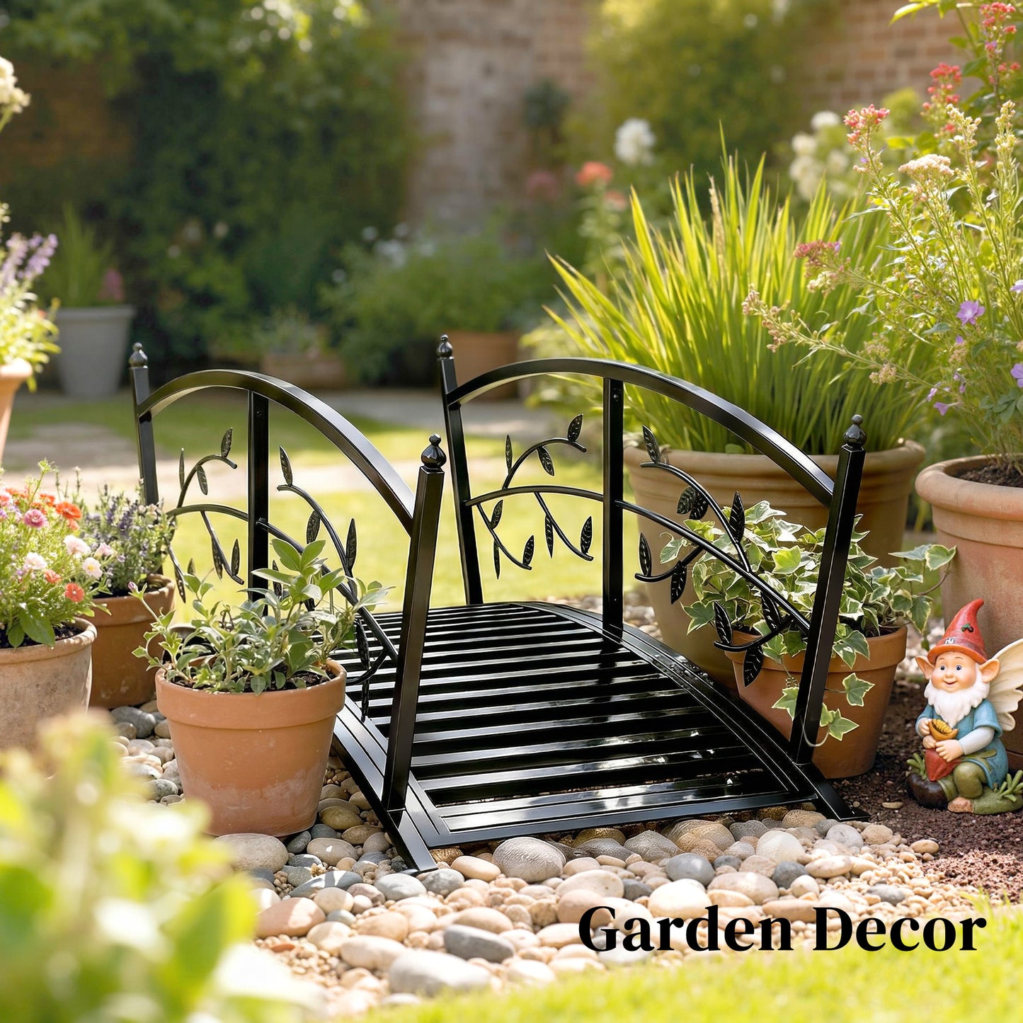 1.2M Metal Garden Bridge with Safety Railings, Outdoor Pond Bridge