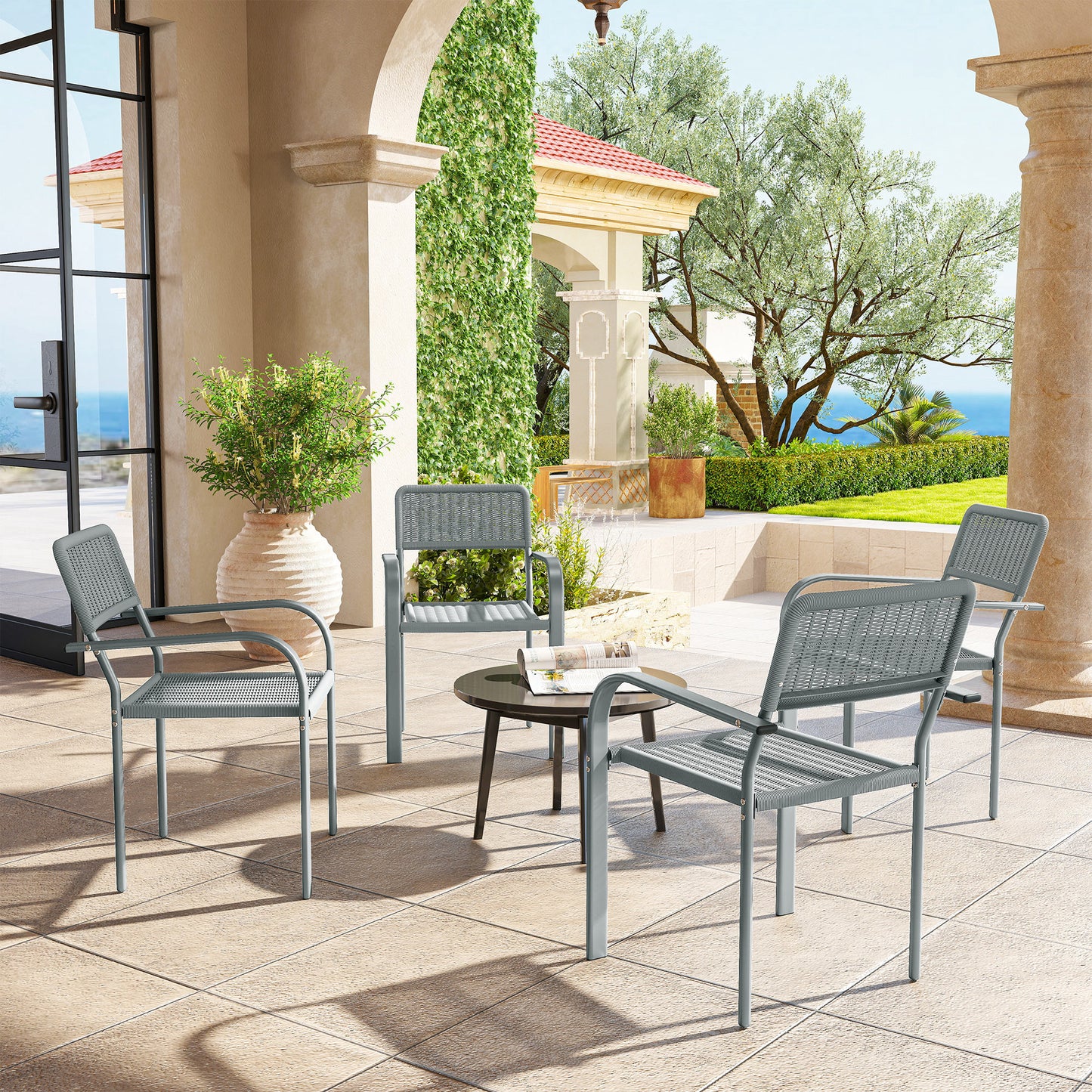 Stackable Garden Chairs Set of 4, Rattan Effect Outdoor Dining Chairs