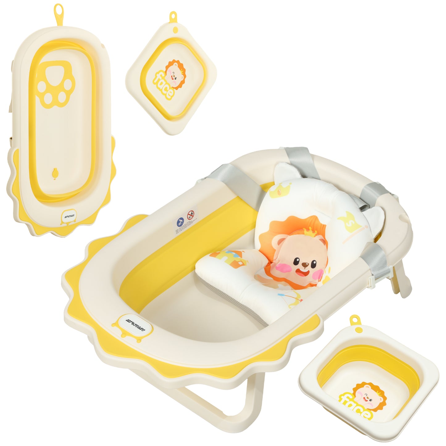 Foldable Baby Bath Tub Set with Bath Cushion, Wash Basin