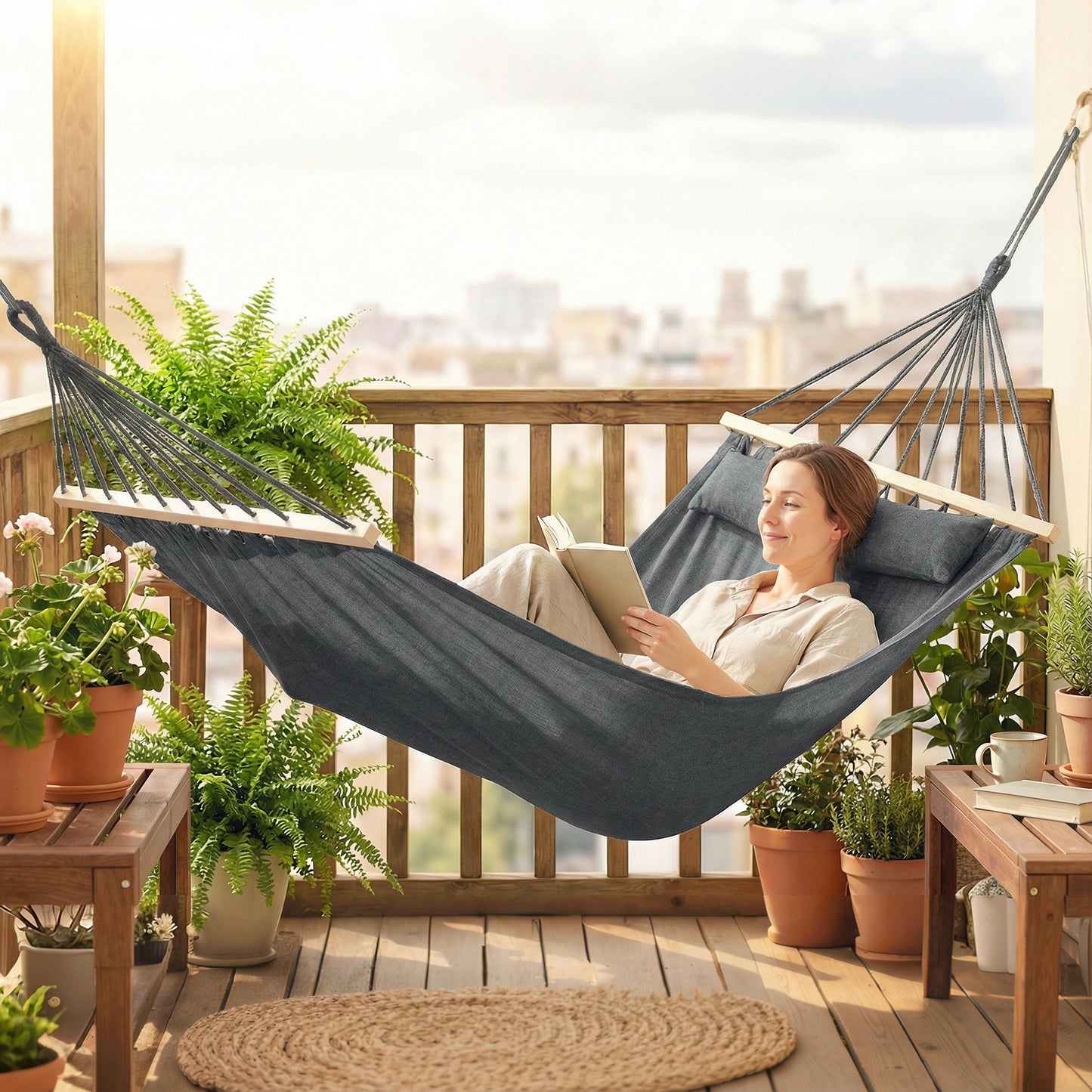 Cotton Hammock, Soft Portable Swing Sleeping w/ Headrest & Side Pocket