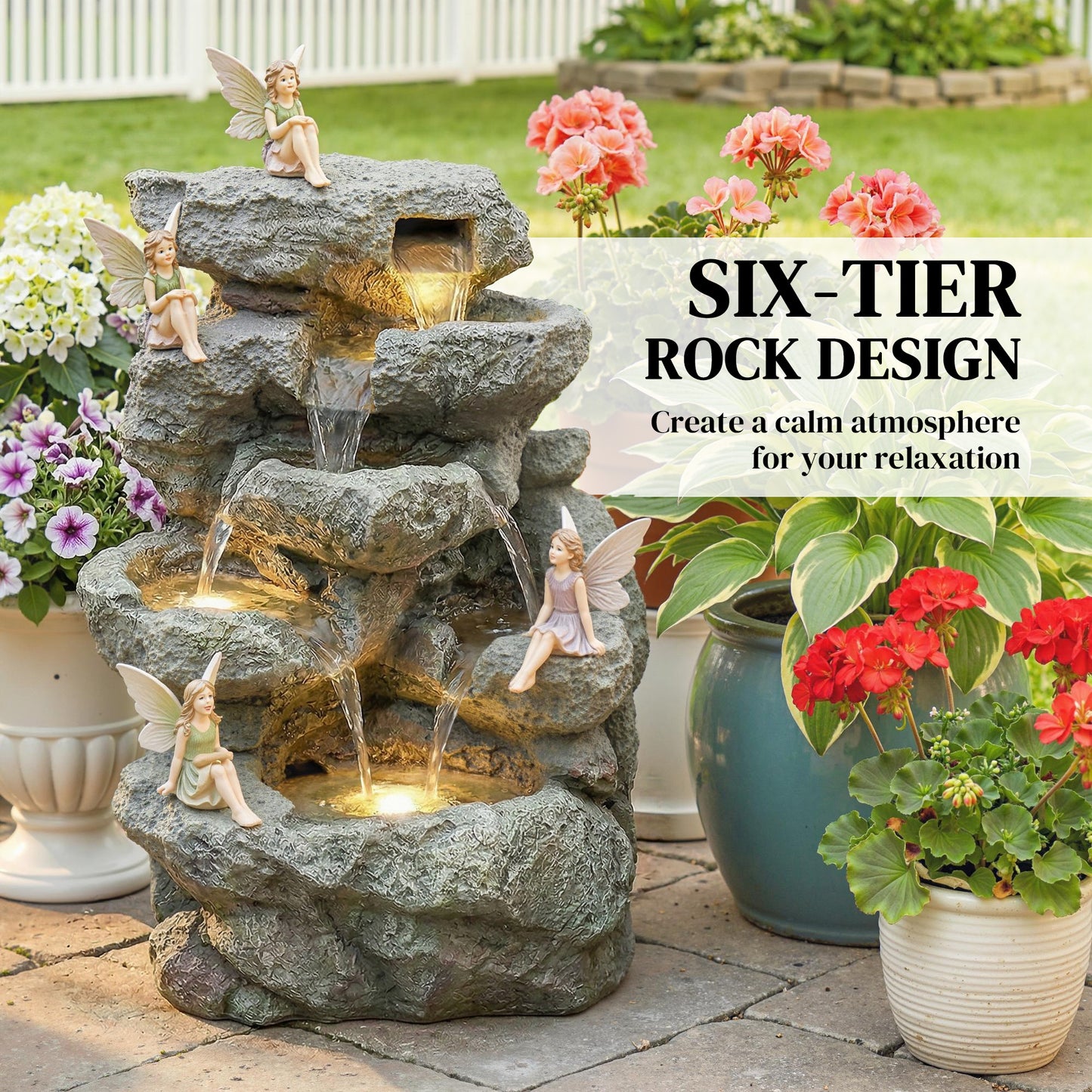 Outdoor Fountain with 6-Tier Rock Design