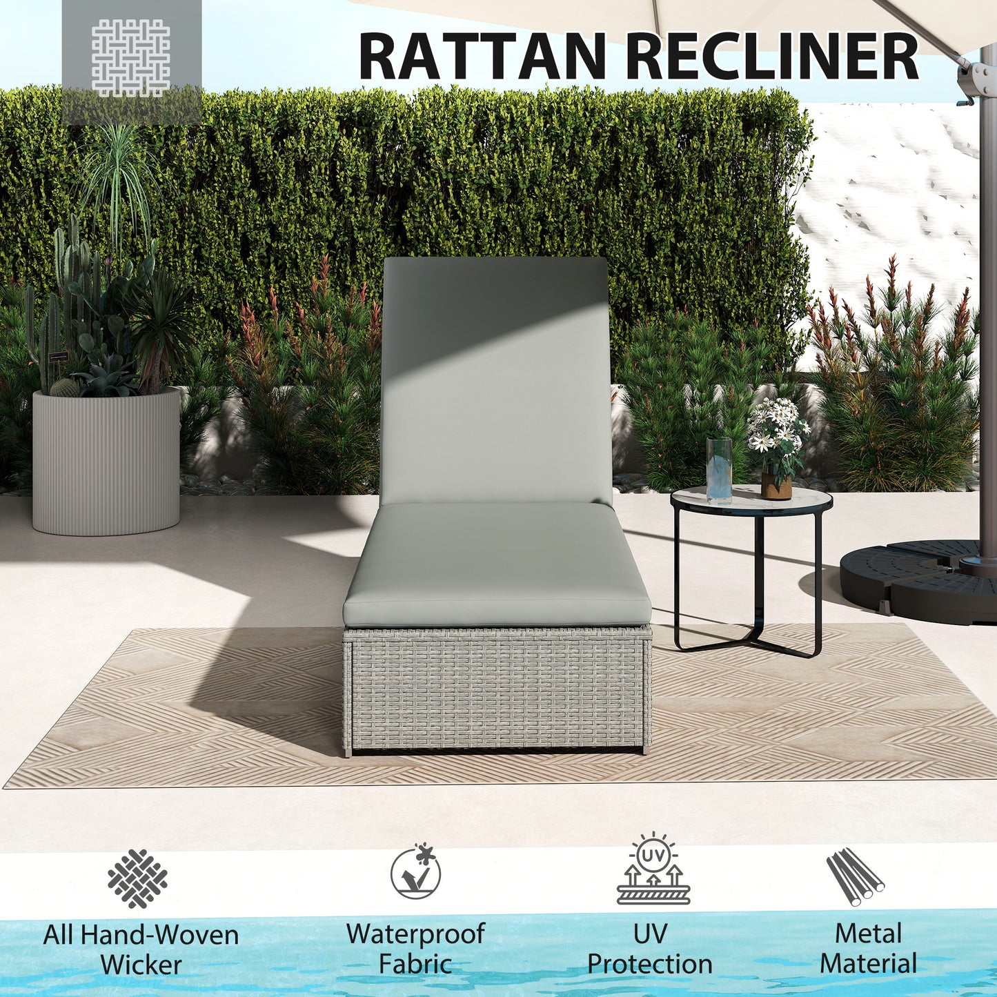 Rattan Sun Lounger, Five-Position Reclining Garden Lounger Bed