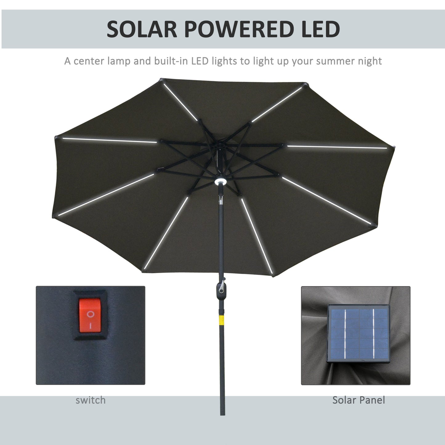 2.7m Garden Parasol Sun Umbrella w/ LED Solar Light Angled Canopy