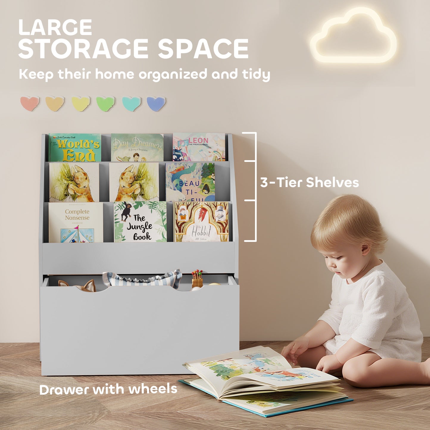 Bookcase for Kids with Shelves, Drawer, Bookcase for Bedroom, Playroom