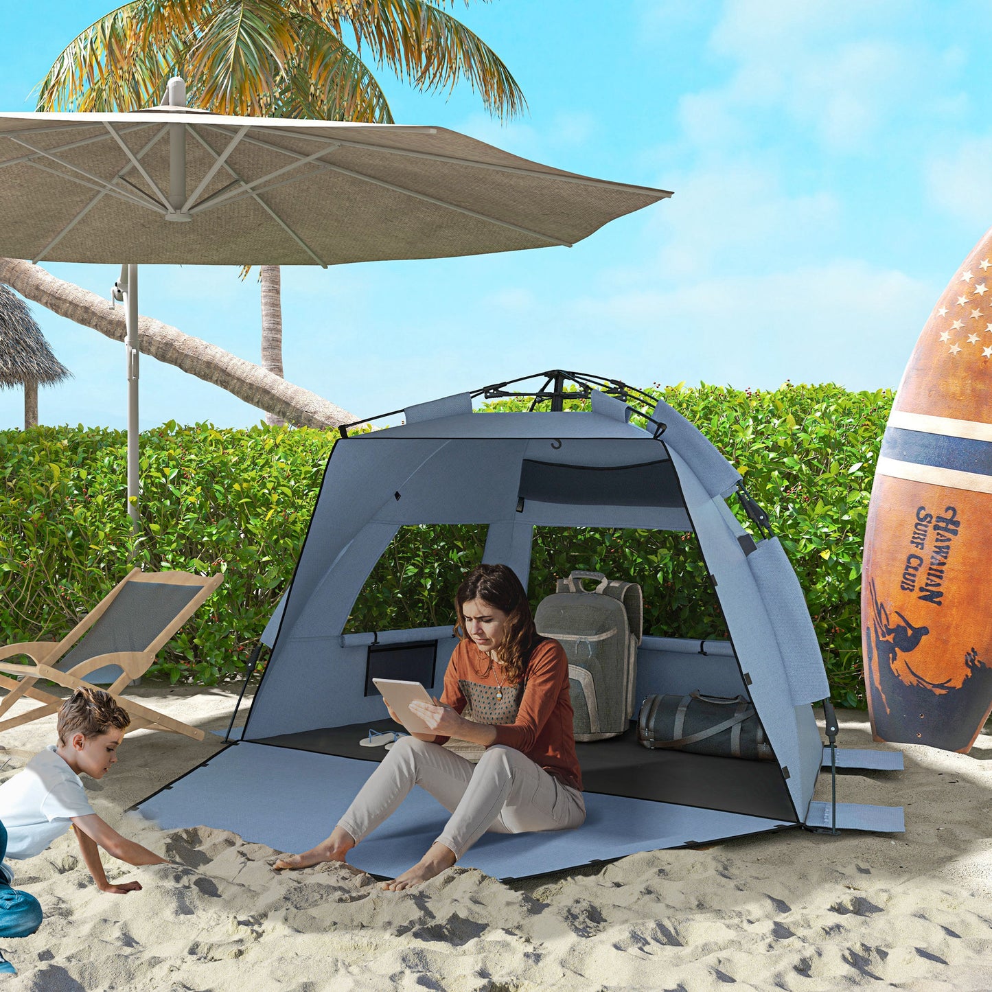 2-3 Person Pop Up Beach Tent, UPF15+ Sun Shelter with Extended Floor