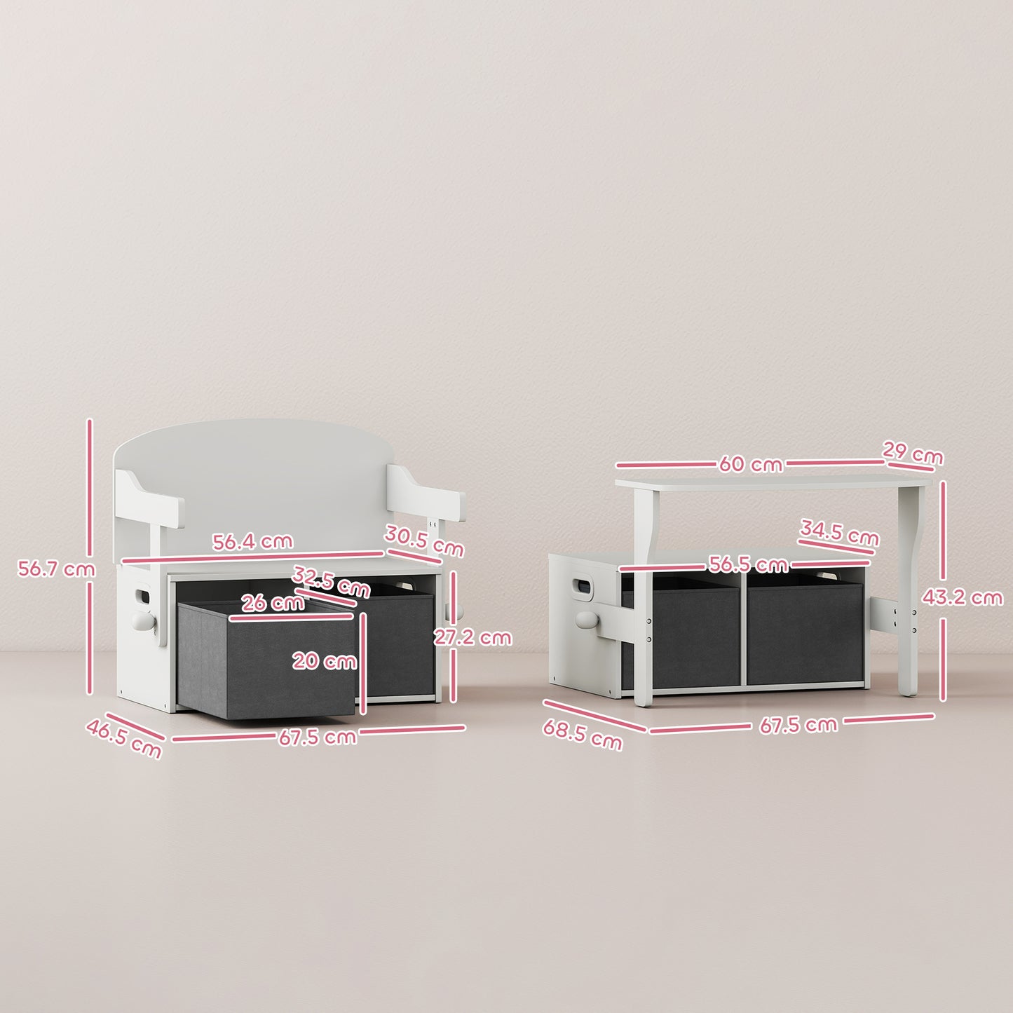 3 in 1 Kids Storage Bench, Convertible Children Table and Chair Set