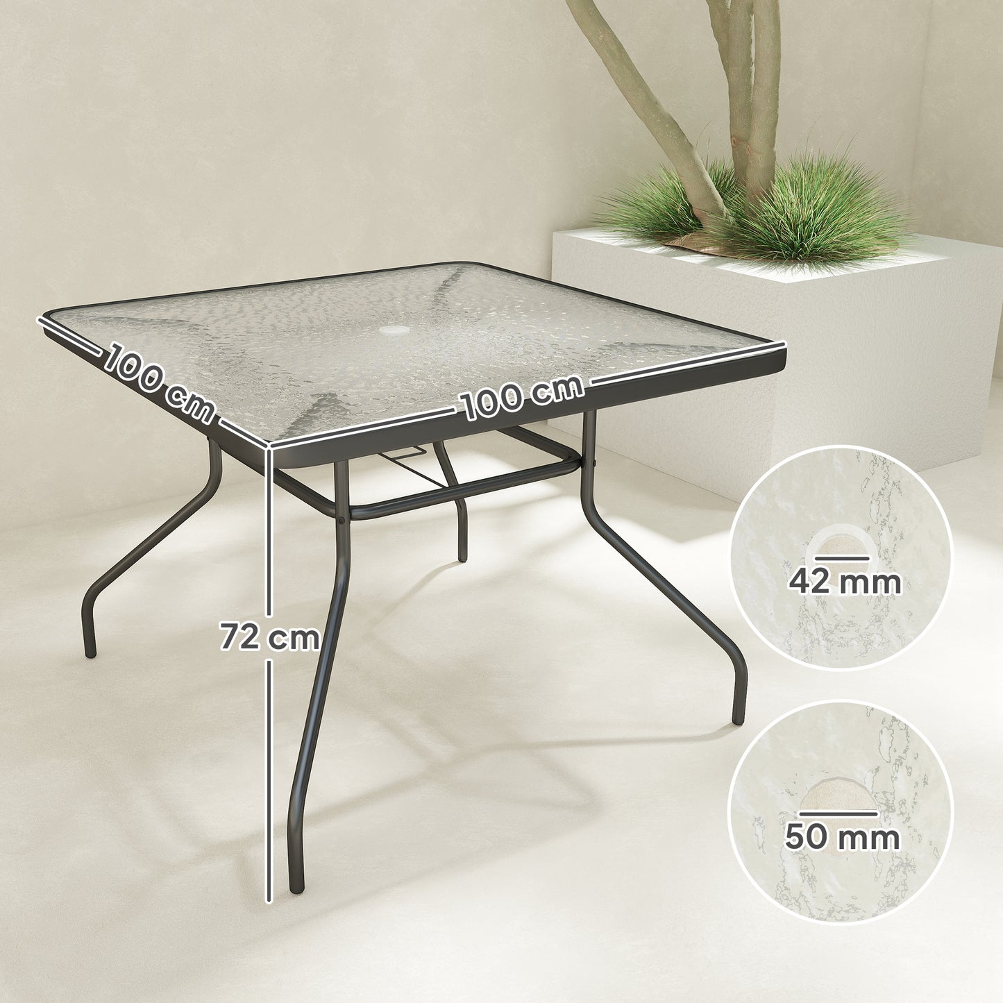 Square Garden Dining Table with Tempered Glass Top & Umbrella Hole (1)
