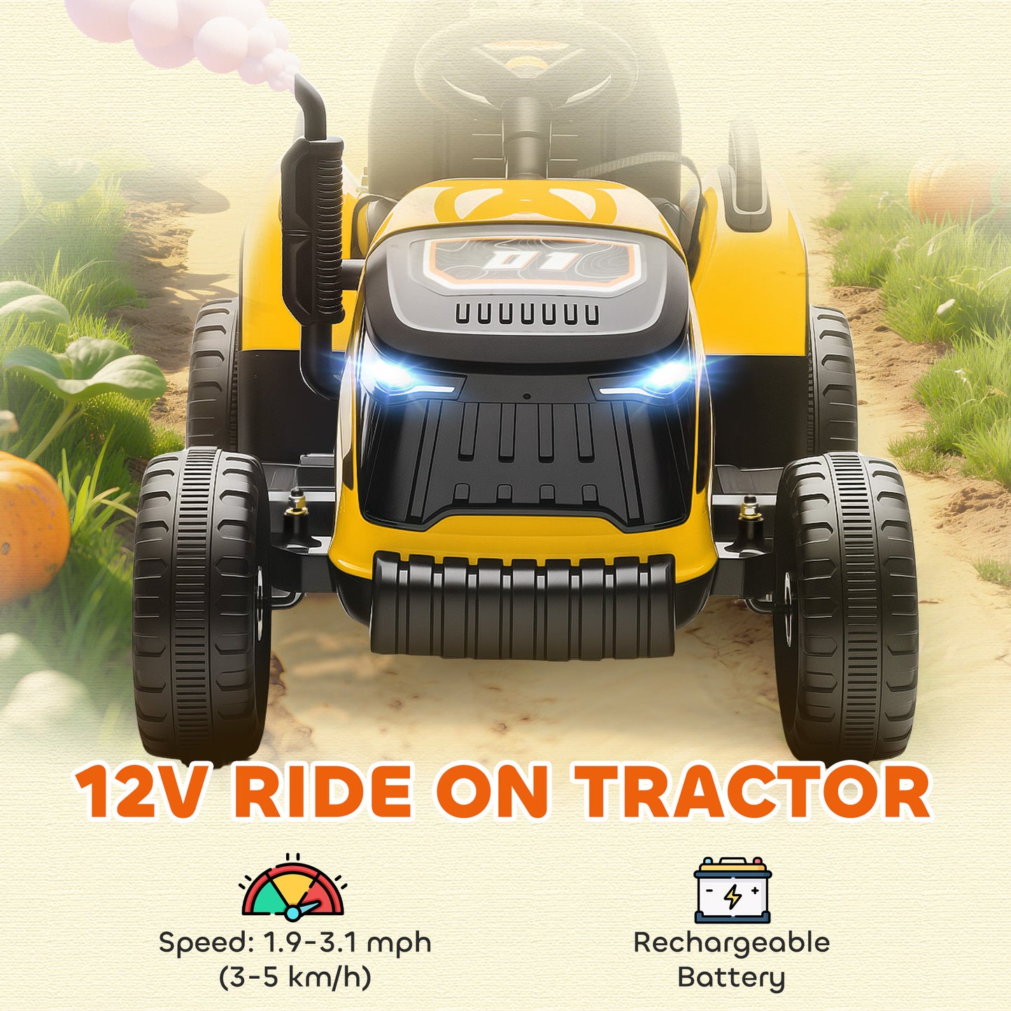 12V Ride on Tractor and Trailer with Remote Control, Music, Shifter