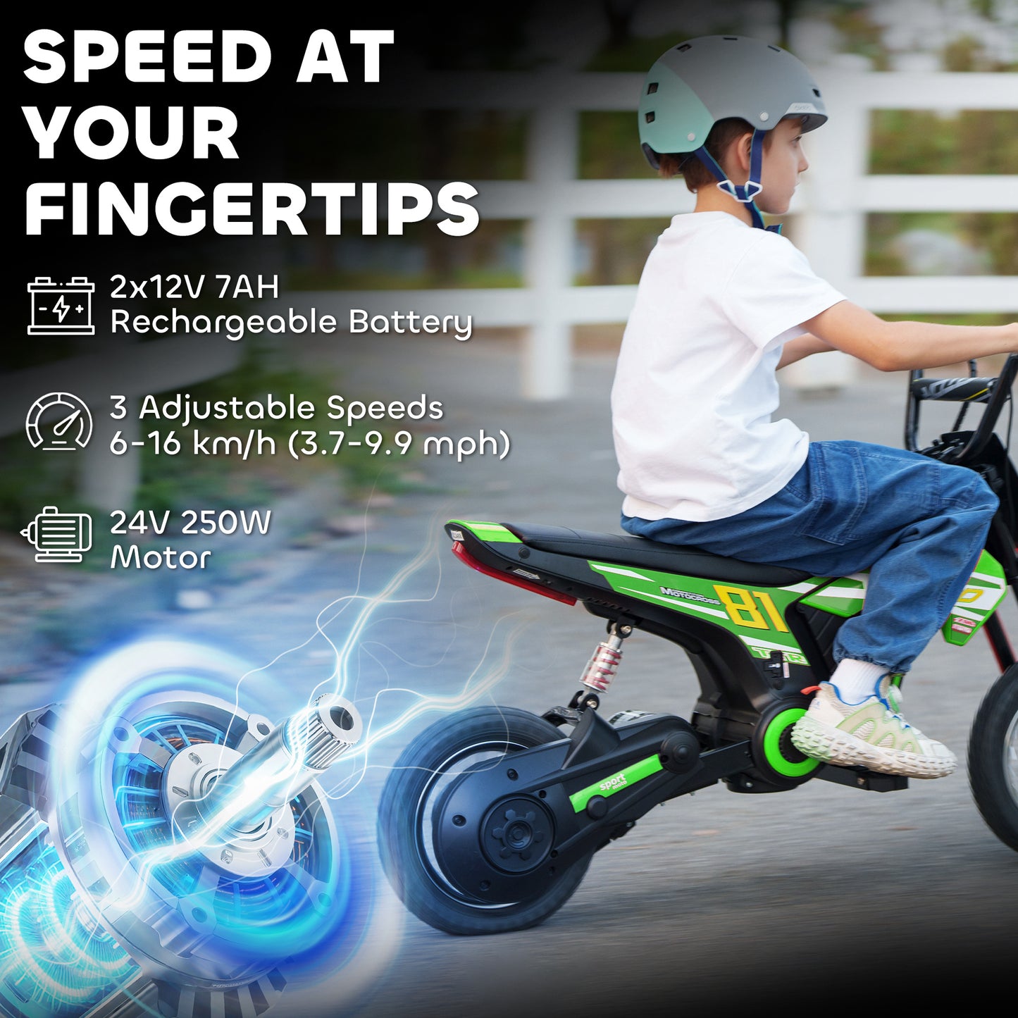 Kids Electric Motorbike, 24V Ride On Motorcycle with 3 Speeds