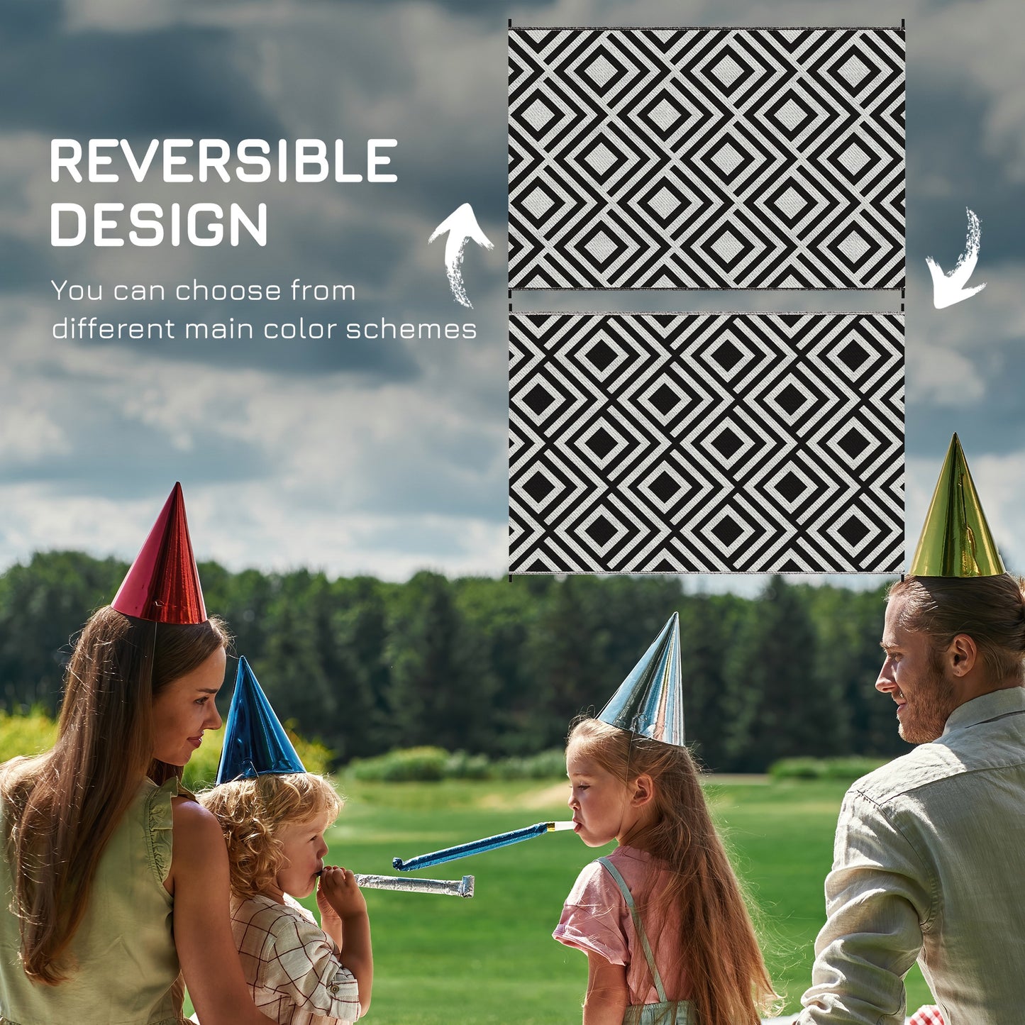 Reversible Outdoor Rug, Plastic Straw Mat w/ Carry Bag Ground Stakes