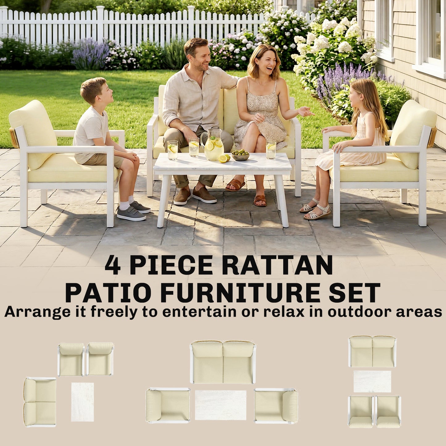 4 Seater Rattan Garden Furniture Set with 2 Armchairs, Loveseat (1)