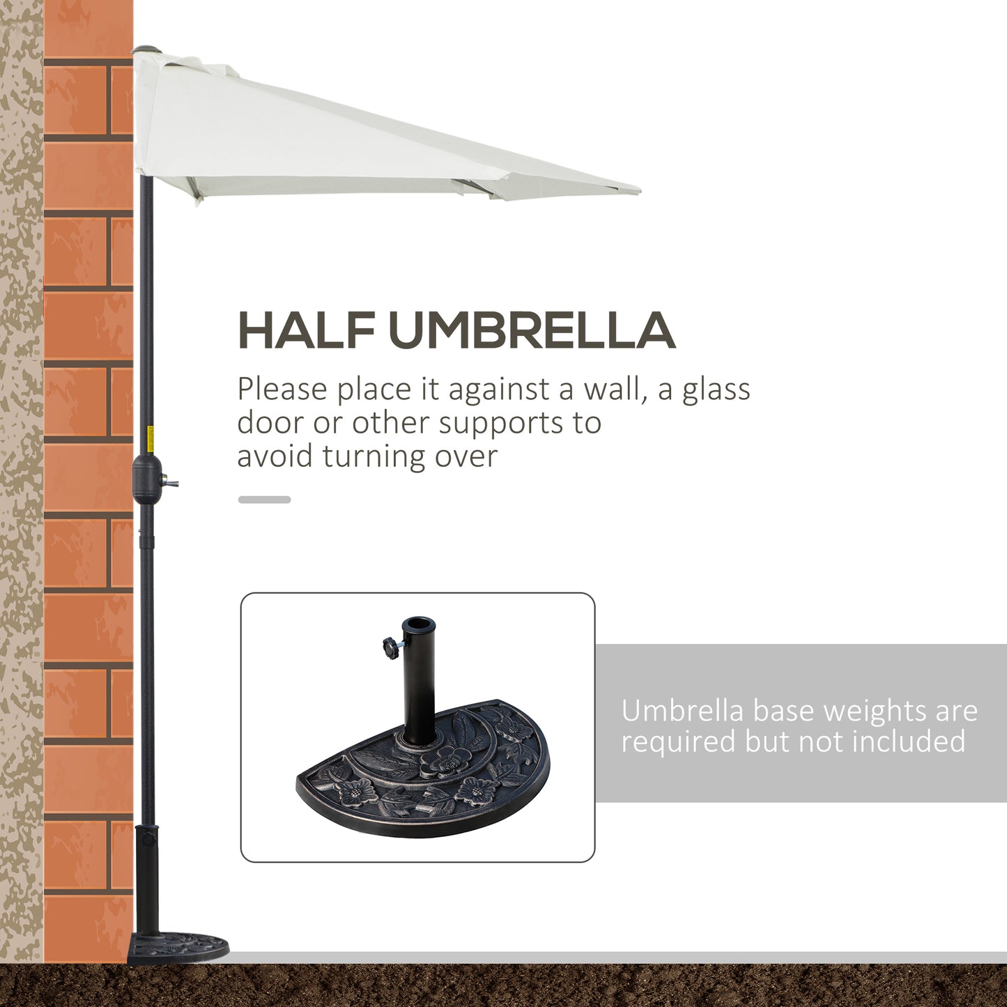 2.7m Garden Half Parasol, Outdoor Balcony Umbrella with 5 Steel Ribs