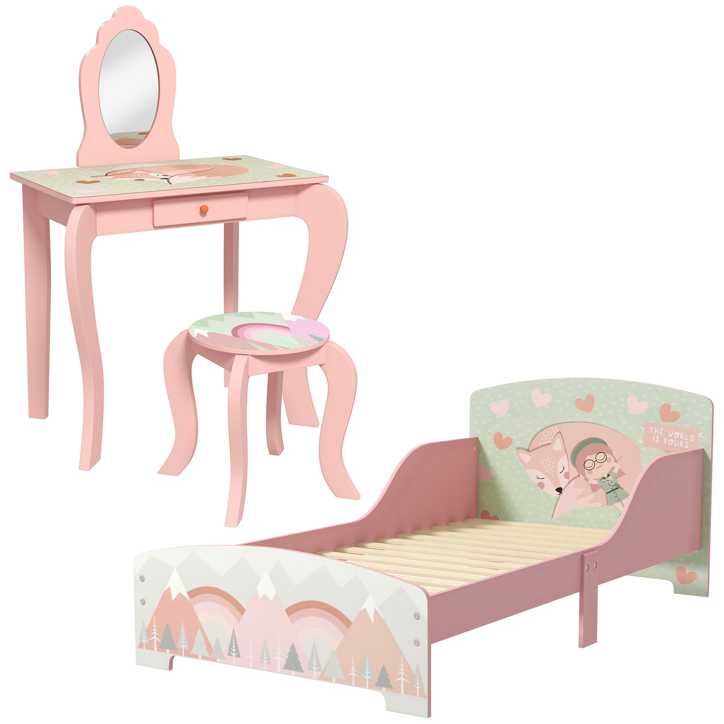 Toddler Bed Frame, Kids Dressing Table with Mirror and Stool