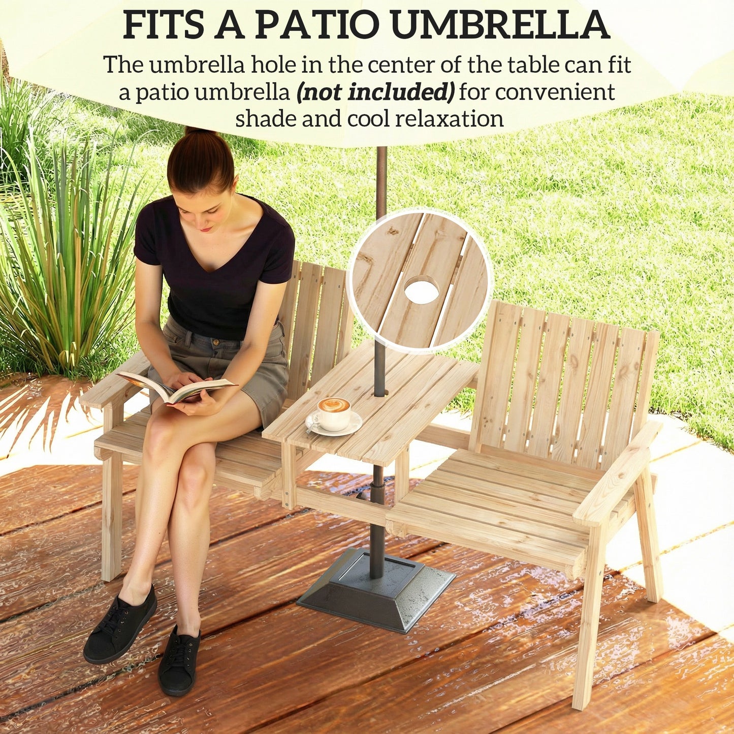 2-Seater Garden Loveseat with Table and Parasol Hole for Porch, Patio