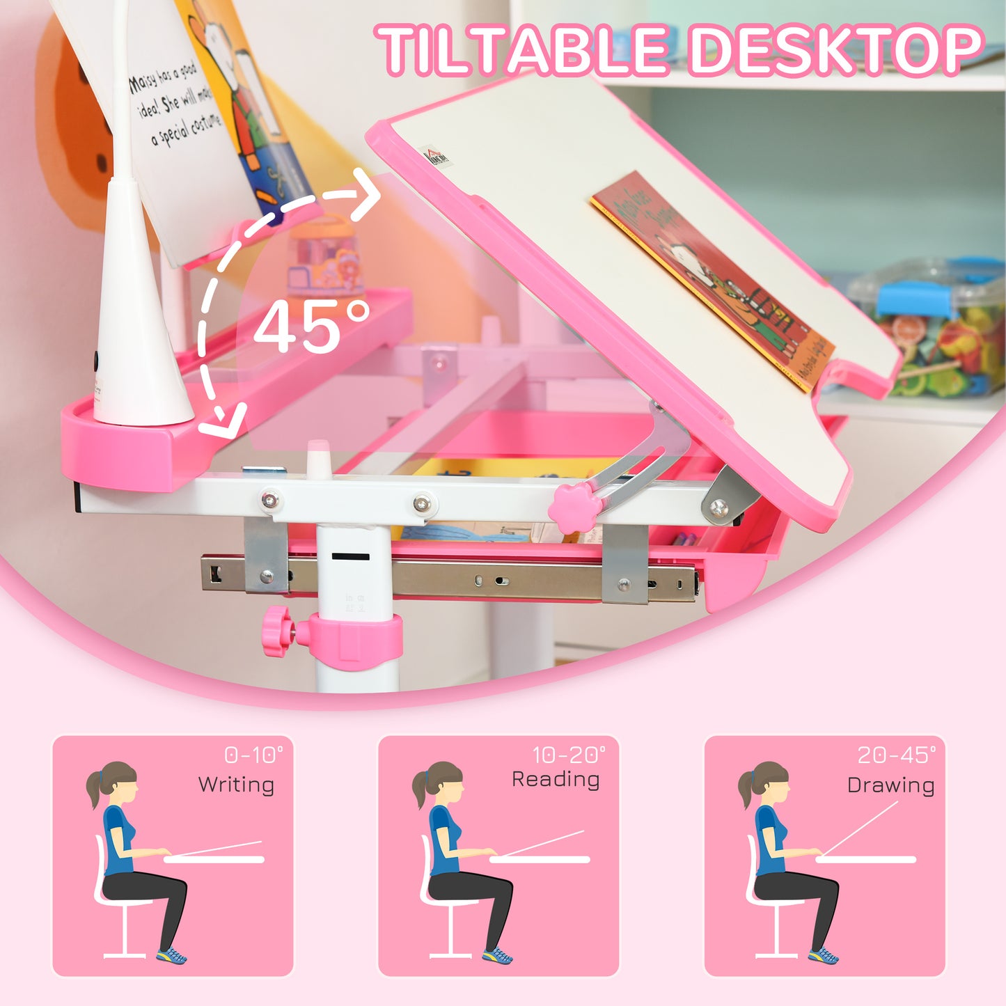 Kids Study Desk and Chair Set w/ Adjustable Height, Storage, Drawer