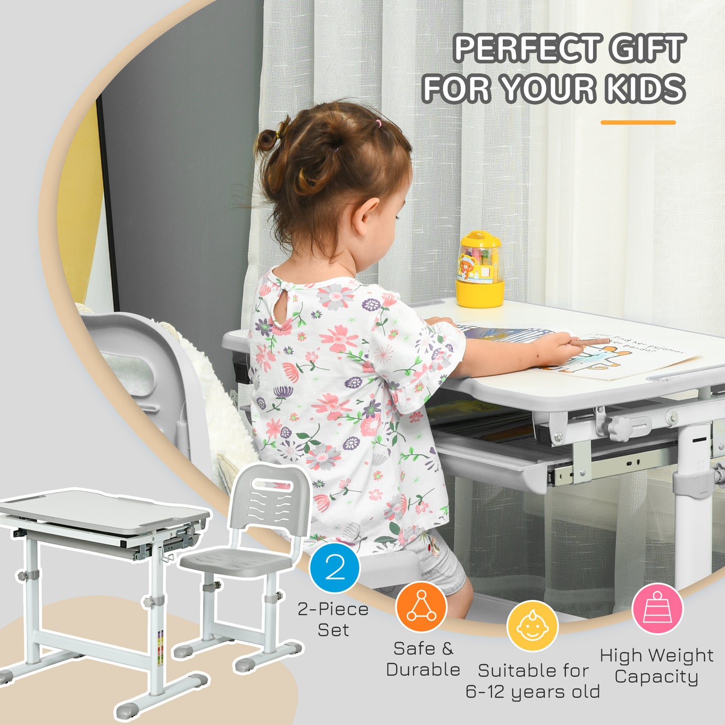 Kids Desk and Chair Set, Student Adjustable Writing Desk