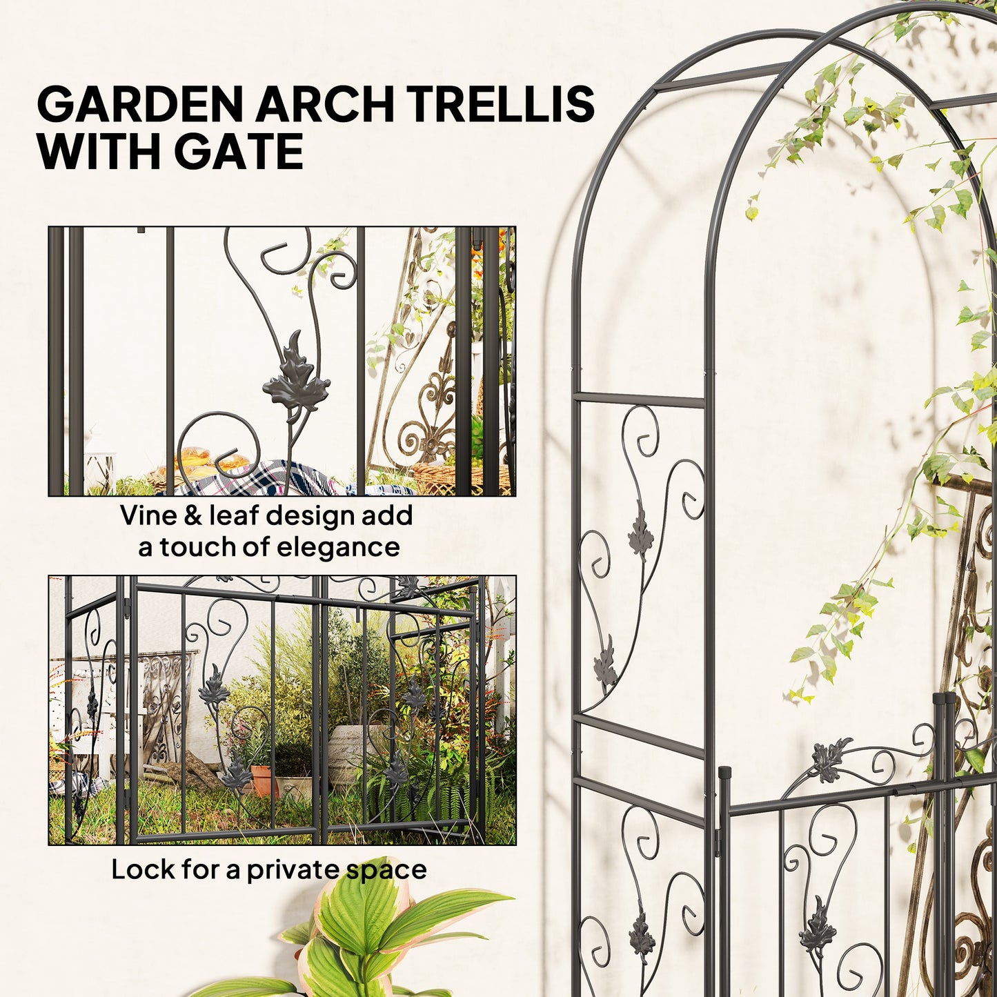2.17m Steel Garden Arch with Gate, Wedding Arch for Outdoor, Garden