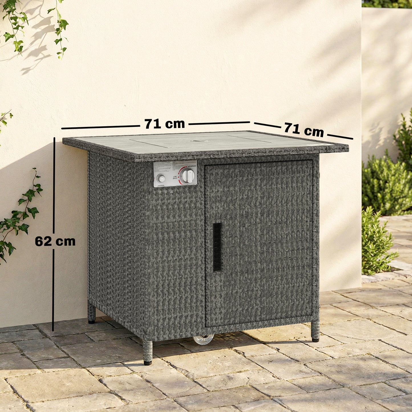 14.5 KW Rattan Gas Fire Pit Dining Table with Rain Cover, Wind Guard
