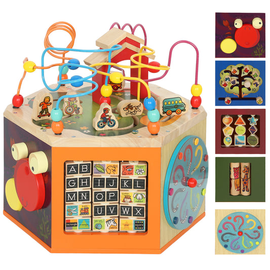 8 in 1 Wooden Activity Cube with Bead Maze, Shape Sorter