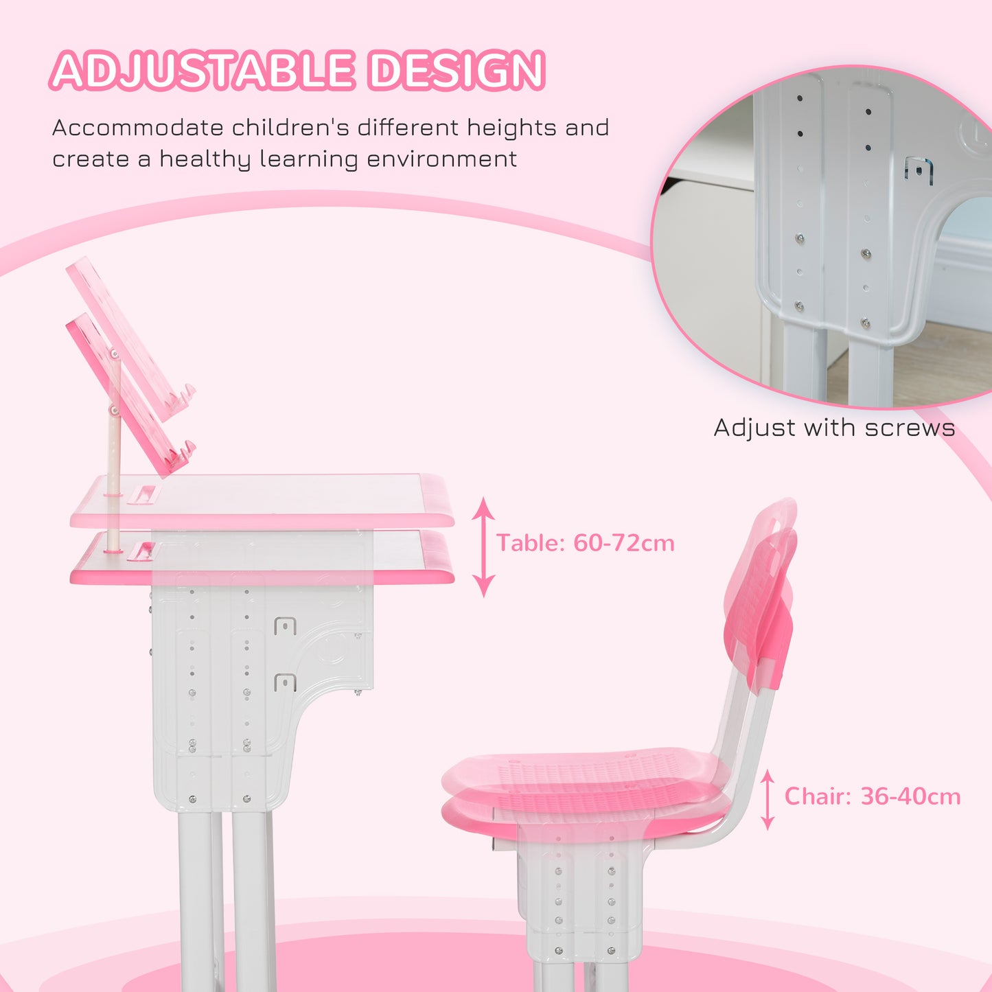 Kids Adjustable Desk and Chair Set, Book Stand, Pen Slot