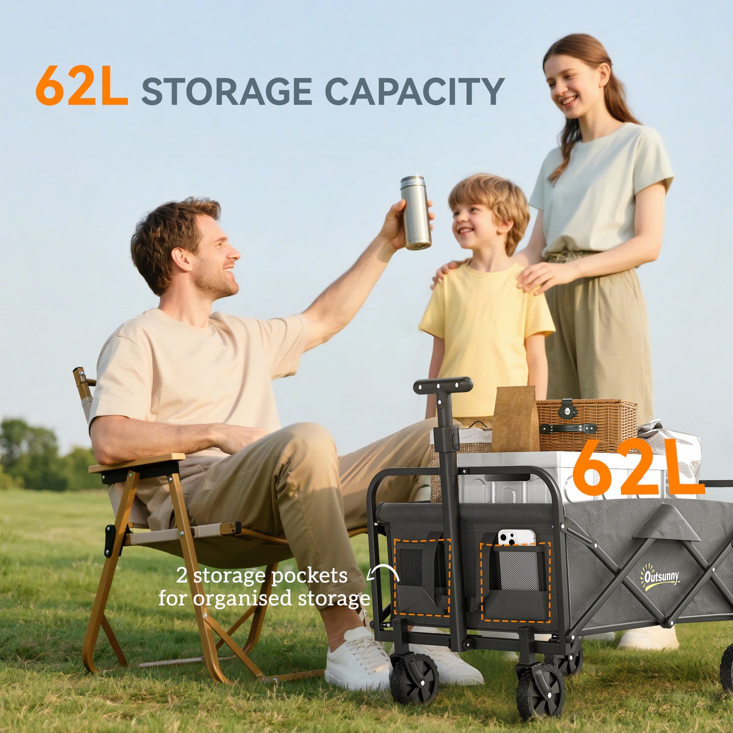 62L Festival Trolley on Wheels, Garden Folding Trolley Cart
