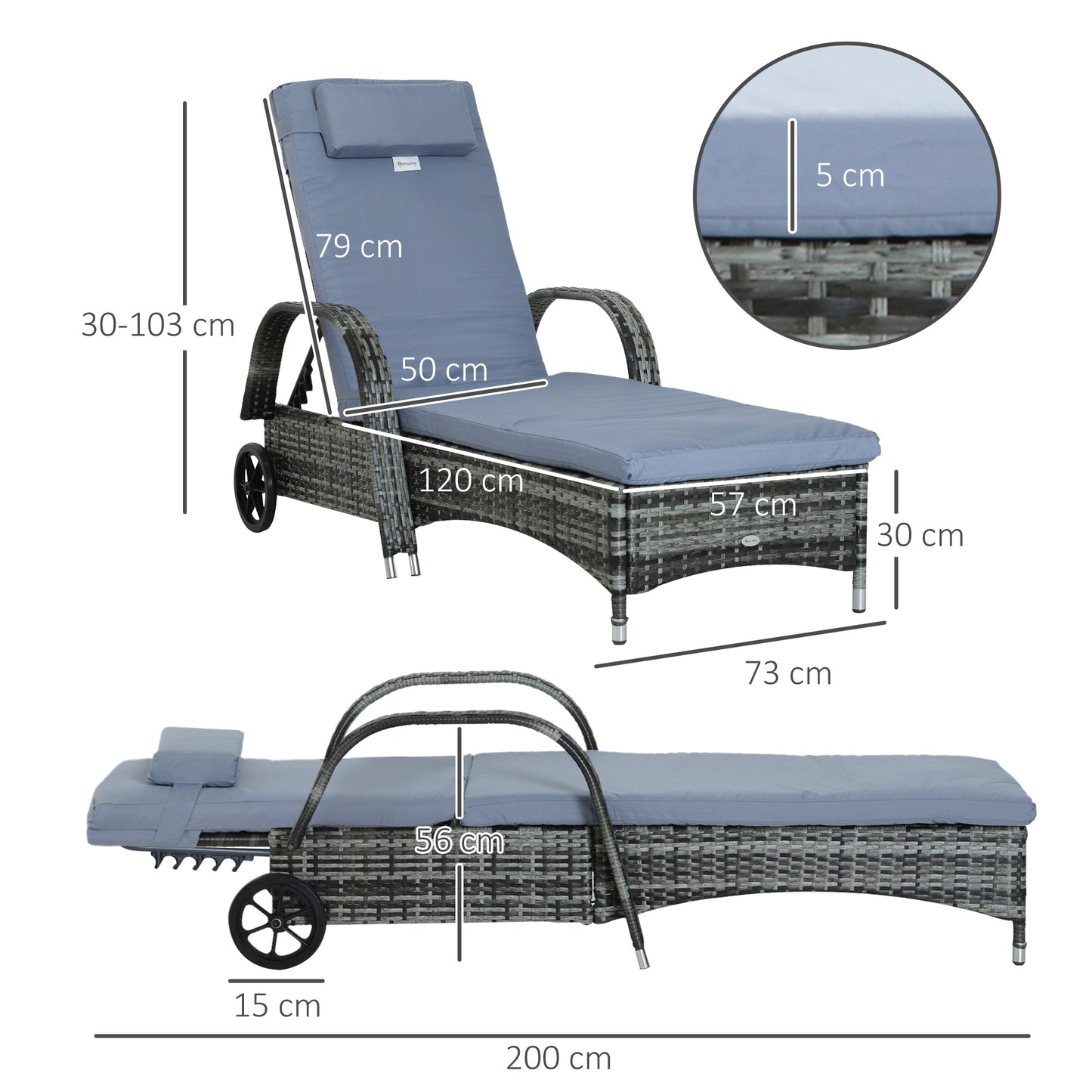 Garden Rattan Furniture Single Sun Lounger Recliner Bed Reclining